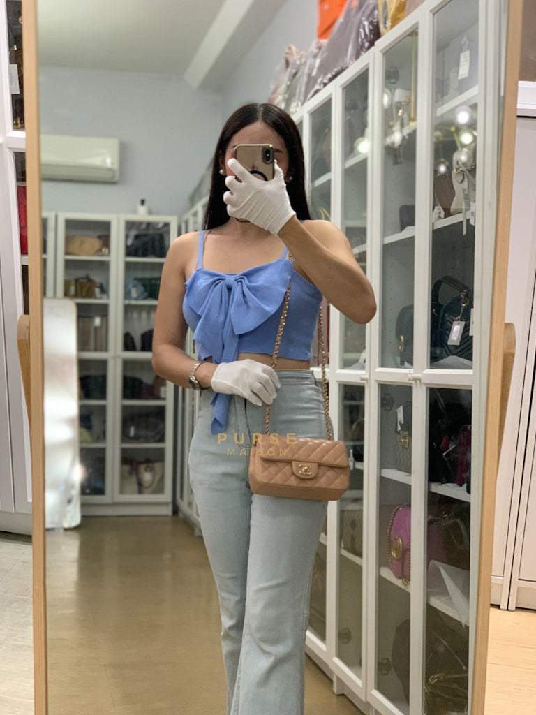 Mini Rectangular Flap Bag in Beige Lambskin Leather & Light Gold Hardware Microchip | Purse Maison Luxury Bags Shop