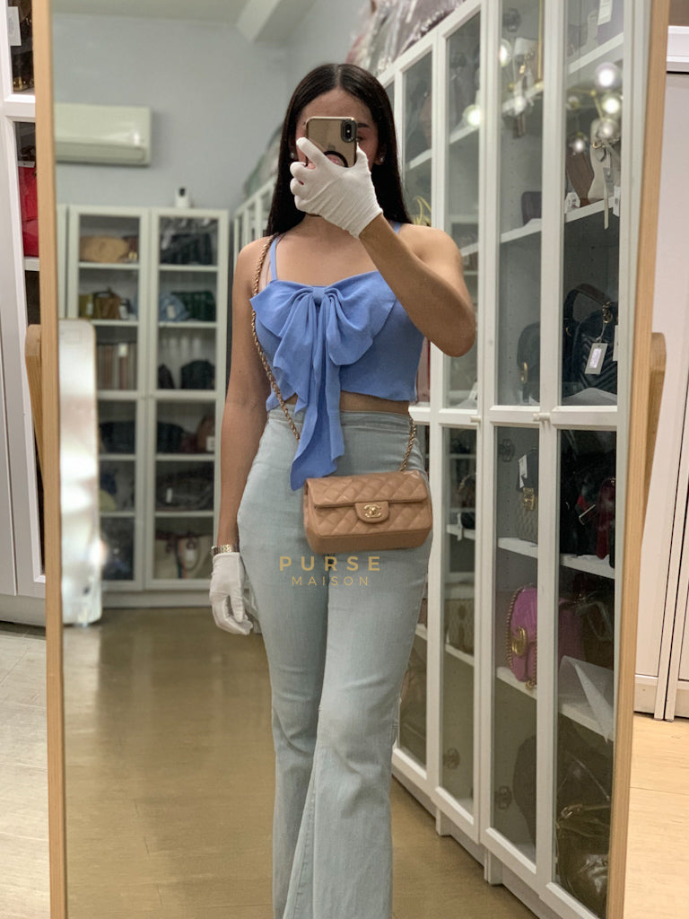 Mini Rectangular Flap Bag in Beige Lambskin Leather & Light Gold Hardware Microchip | Purse Maison Luxury Bags Shop