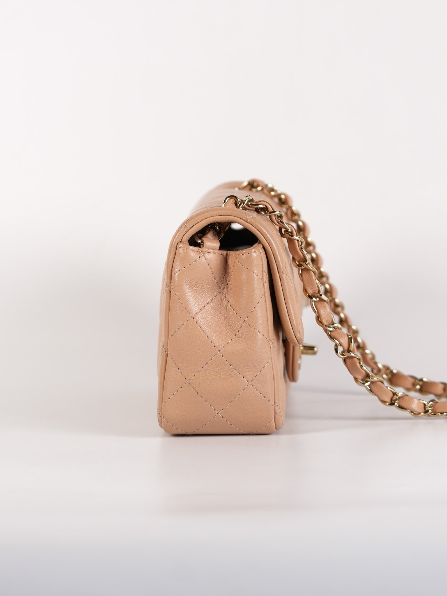 Mini Rectangular Flap Bag in Beige Lambskin Leather & Light Gold Hardware Microchip | Purse Maison Luxury Bags Shop