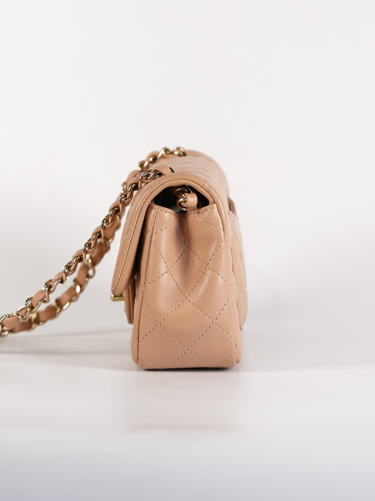Mini Rectangular Flap Bag in Beige Lambskin Leather & Light Gold Hardware Microchip | Purse Maison Luxury Bags Shop