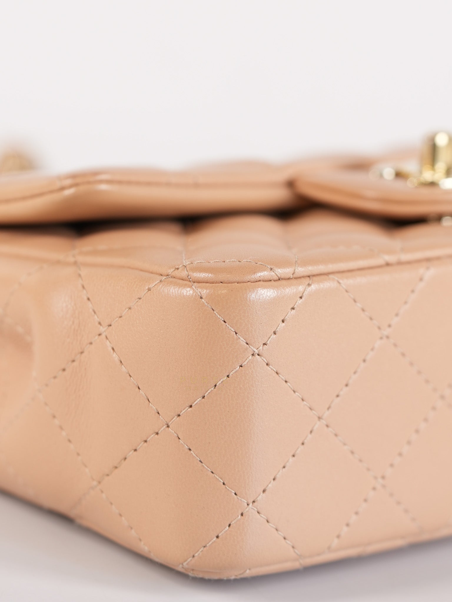 Mini Rectangular Flap Bag in Beige Lambskin Leather & Light Gold Hardware Microchip | Purse Maison Luxury Bags Shop