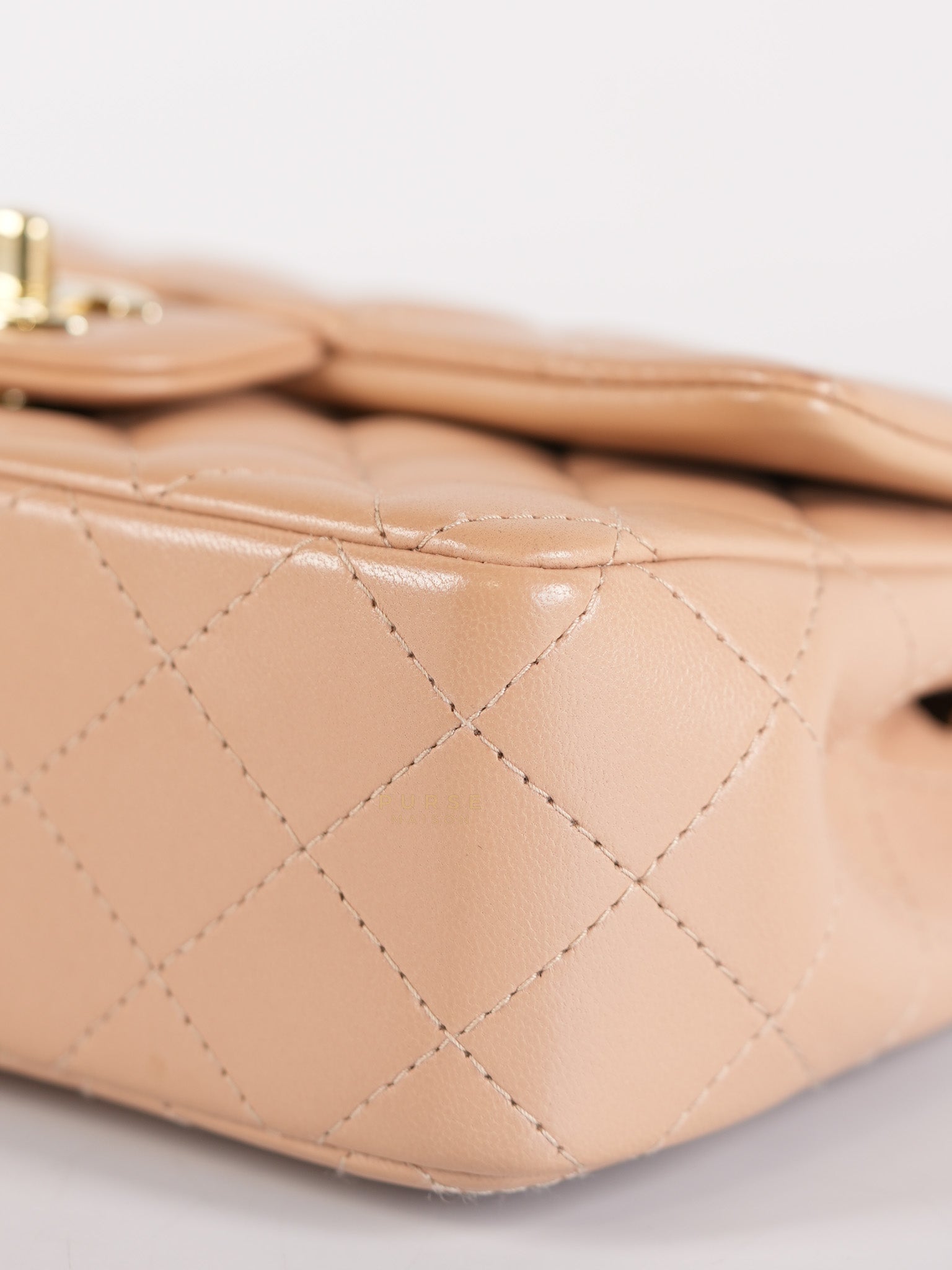 Mini Rectangular Flap Bag in Beige Lambskin Leather & Light Gold Hardware Microchip | Purse Maison Luxury Bags Shop