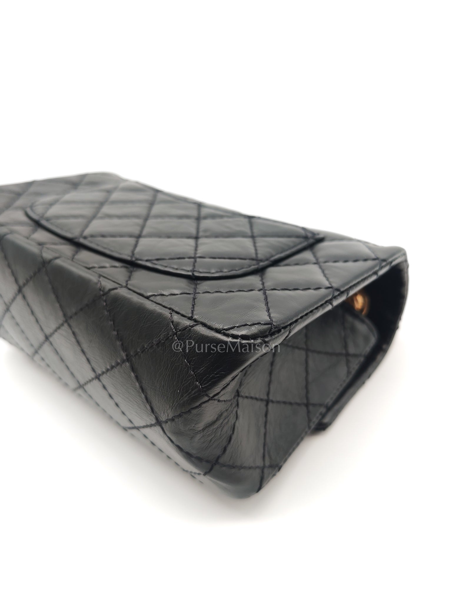 Mini Reissue 2.55 in Black Quilted Distressed Lambskin Leather and Aged Gold Hardware (Microchip) | Purse Maison Luxury Bags Shop