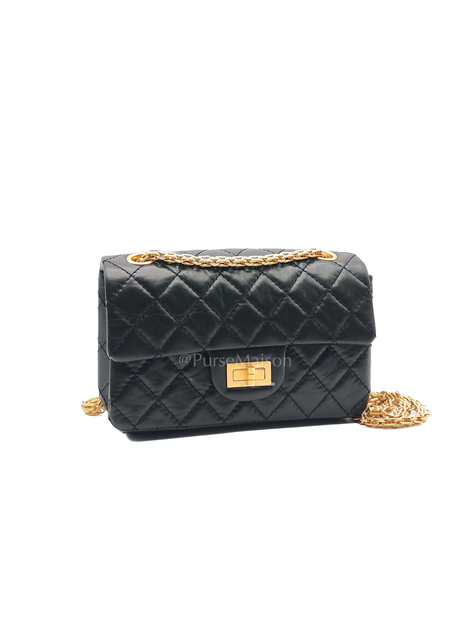 Mini Reissue 2.55 in Black Quilted Distressed Lambskin Leather and Aged Gold Hardware (Microchip) | Purse Maison Luxury Bags Shop