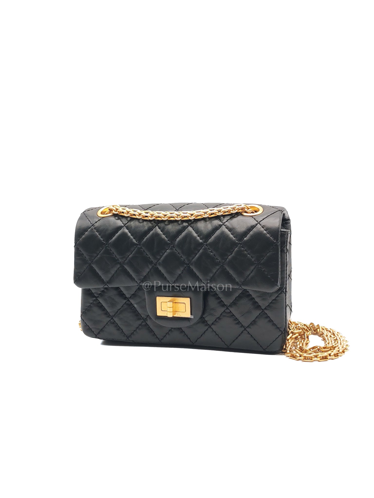 Mini Reissue 2.55 in Black Quilted Distressed Lambskin Leather and Aged Gold Hardware (Microchip) | Purse Maison Luxury Bags Shop