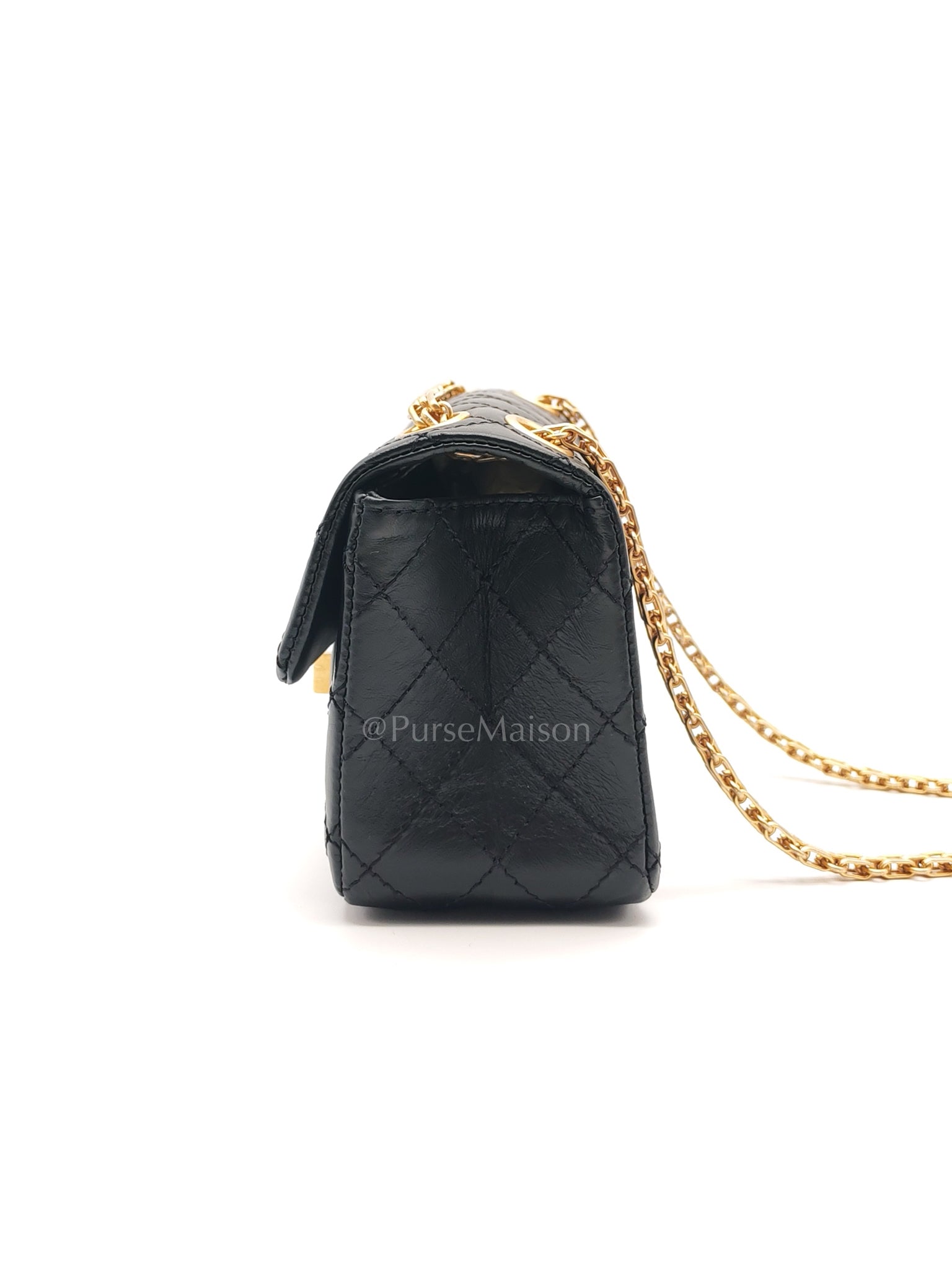 Mini Reissue 2.55 in Black Quilted Distressed Lambskin Leather and Aged Gold Hardware (Microchip) | Purse Maison Luxury Bags Shop