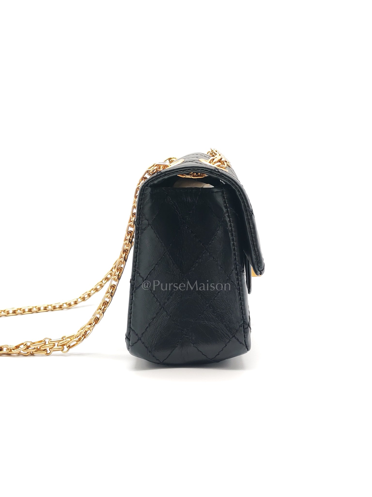 Mini Reissue 2.55 in Black Quilted Distressed Lambskin Leather and Aged Gold Hardware (Microchip) | Purse Maison Luxury Bags Shop