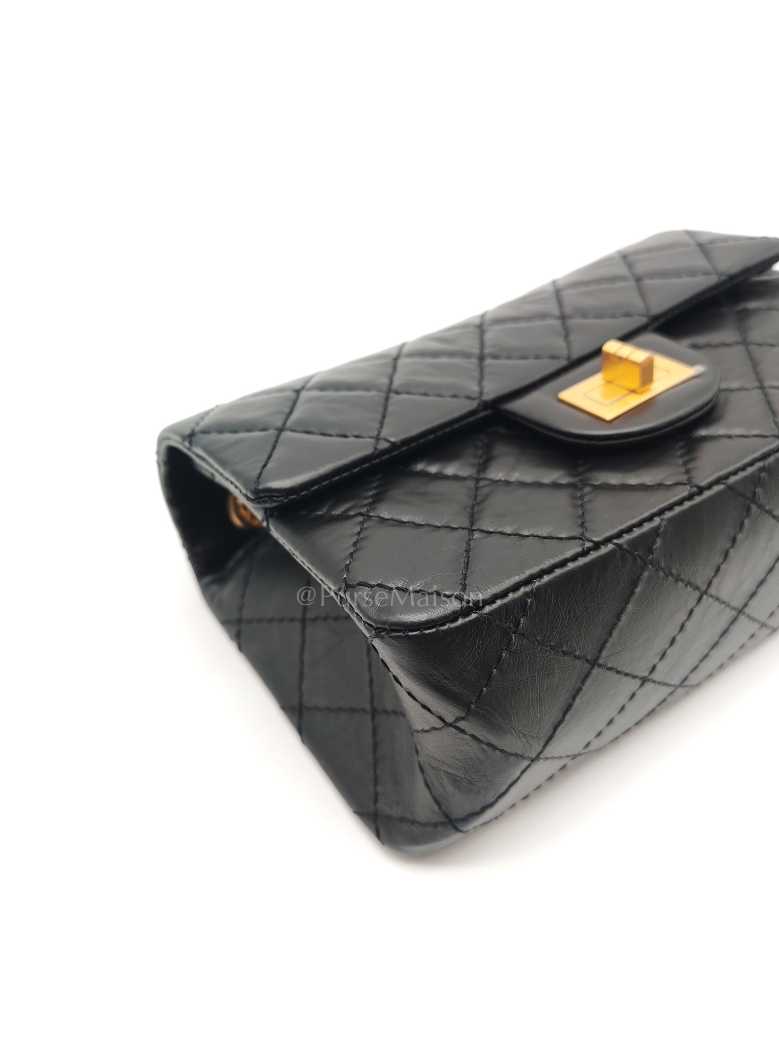 Mini Reissue 2.55 in Black Quilted Distressed Lambskin Leather and Aged Gold Hardware (Microchip) | Purse Maison Luxury Bags Shop
