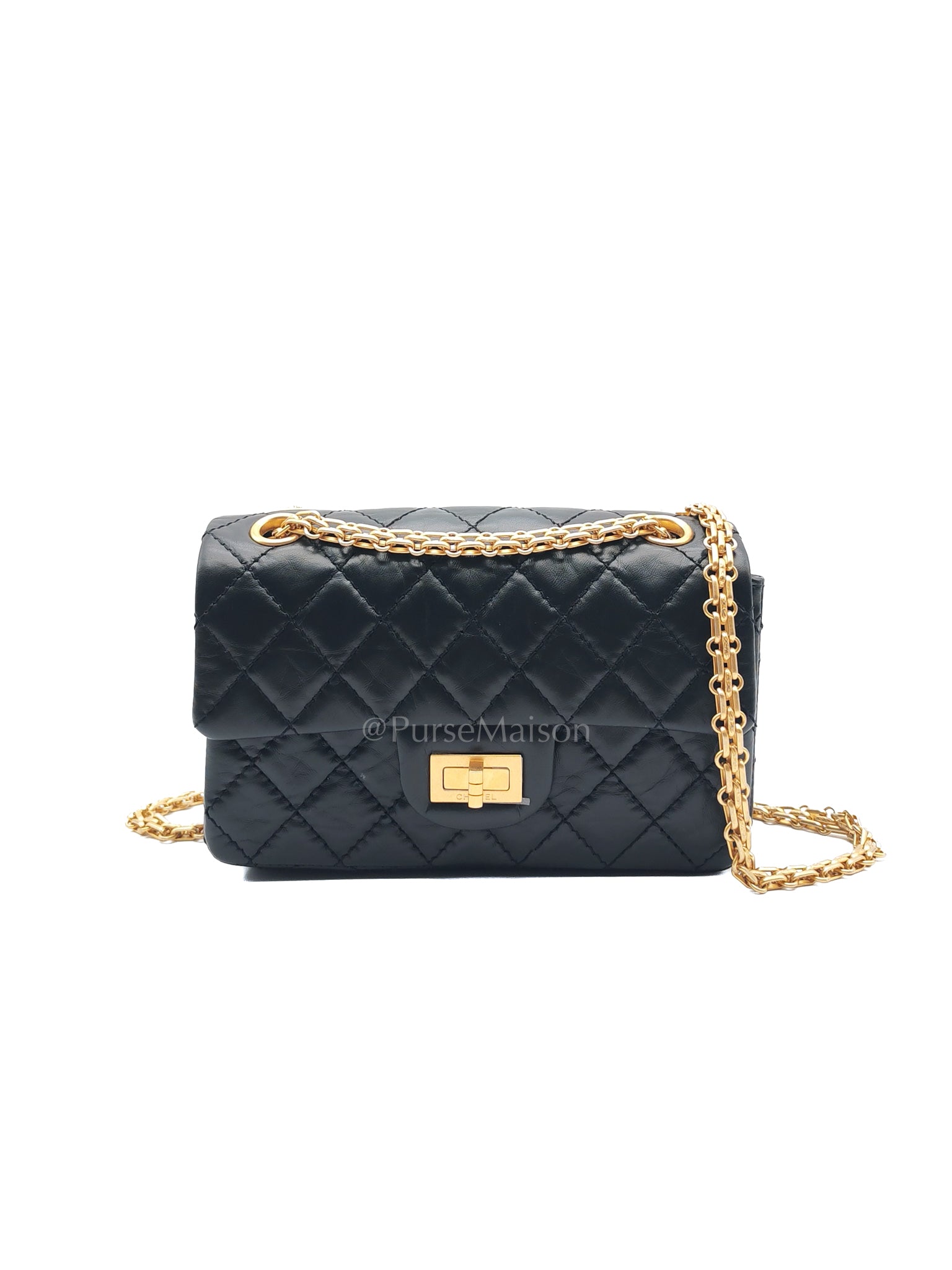 Mini Reissue 2.55 in Black Quilted Distressed Lambskin Leather and Aged Gold Hardware (Microchip) | Purse Maison Luxury Bags Shop