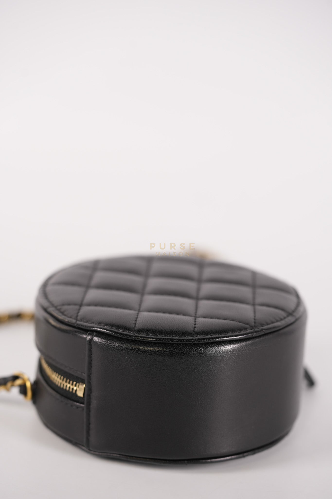 Mini Round Purse on Chain in Black Quilted Lambskin Leather and Aged Gold Hardware Series 27 | Purse Maison Luxury Bags Shop