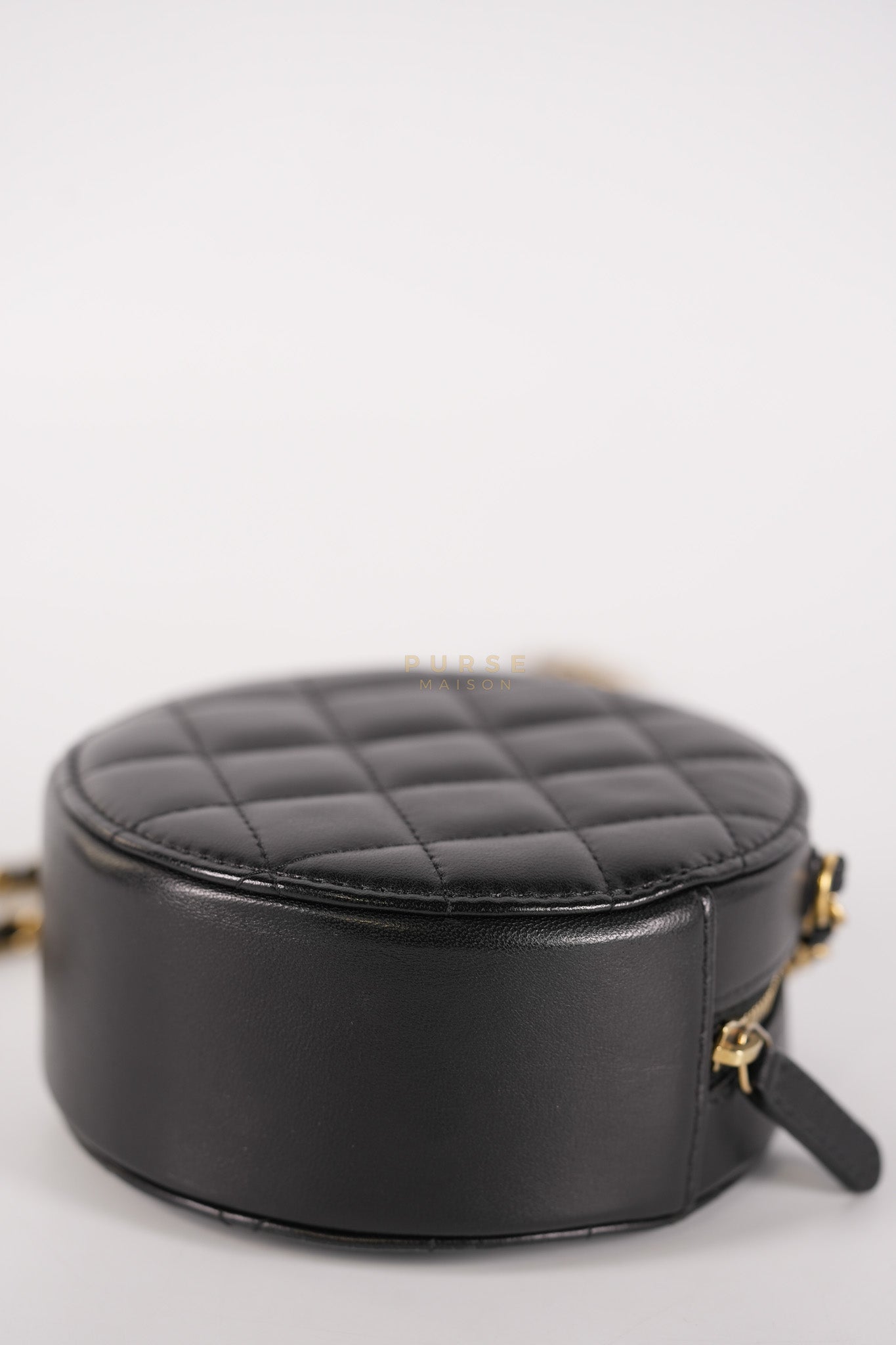 Mini Round Purse on Chain in Black Quilted Lambskin Leather and Aged Gold Hardware Series 27 | Purse Maison Luxury Bags Shop