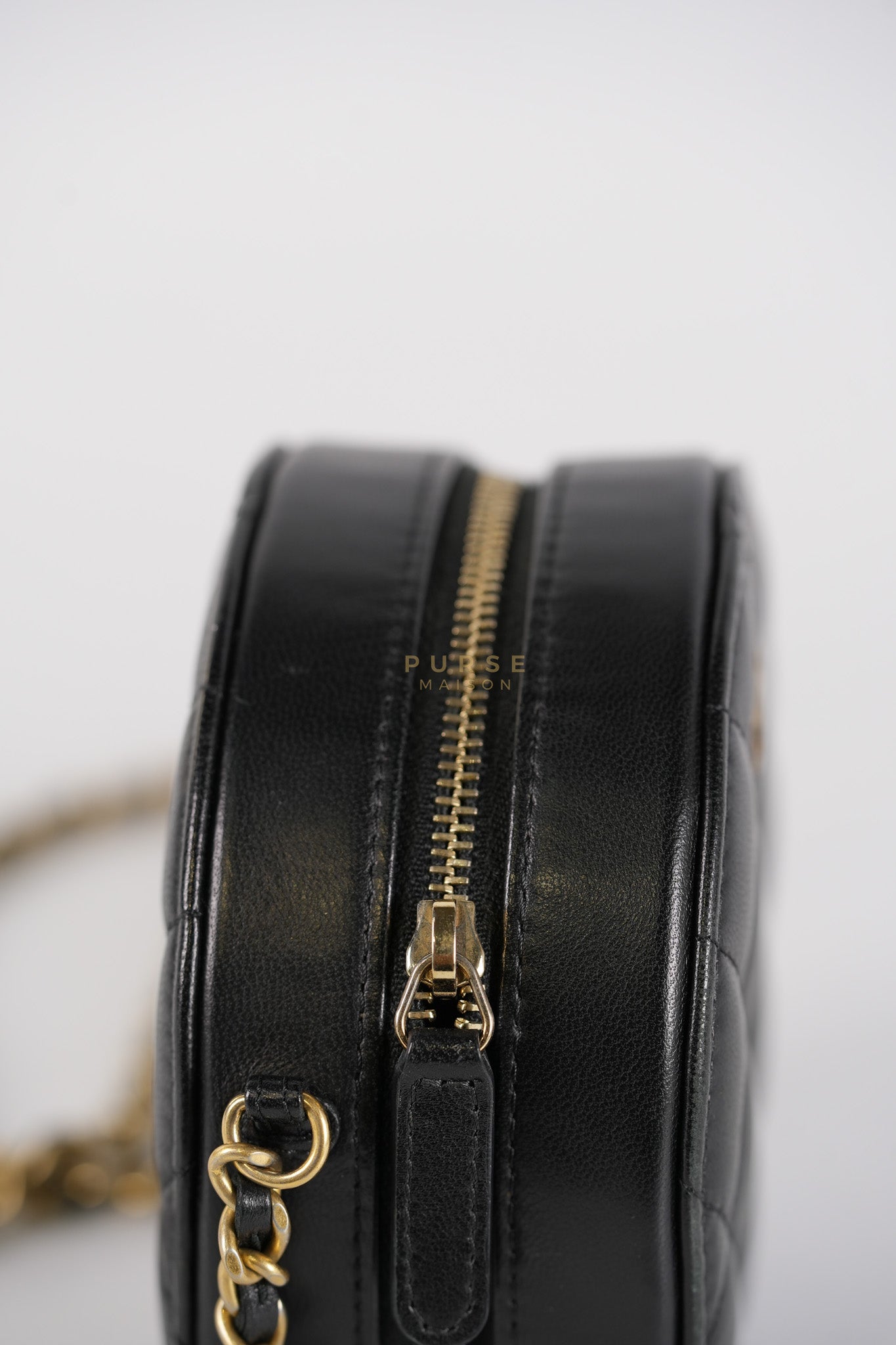 Mini Round Purse on Chain in Black Quilted Lambskin Leather and Aged Gold Hardware Series 27 | Purse Maison Luxury Bags Shop