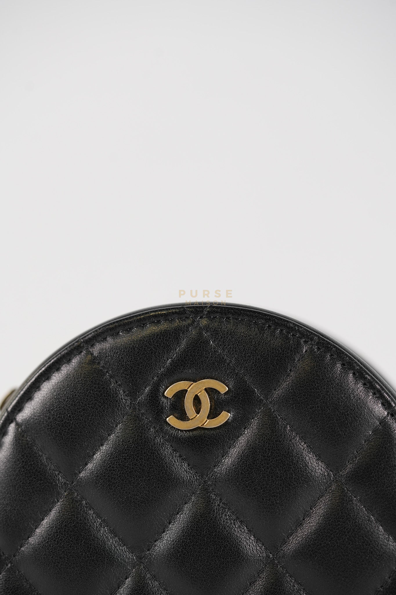 Mini Round Purse on Chain in Black Quilted Lambskin Leather and Aged Gold Hardware Series 27 | Purse Maison Luxury Bags Shop