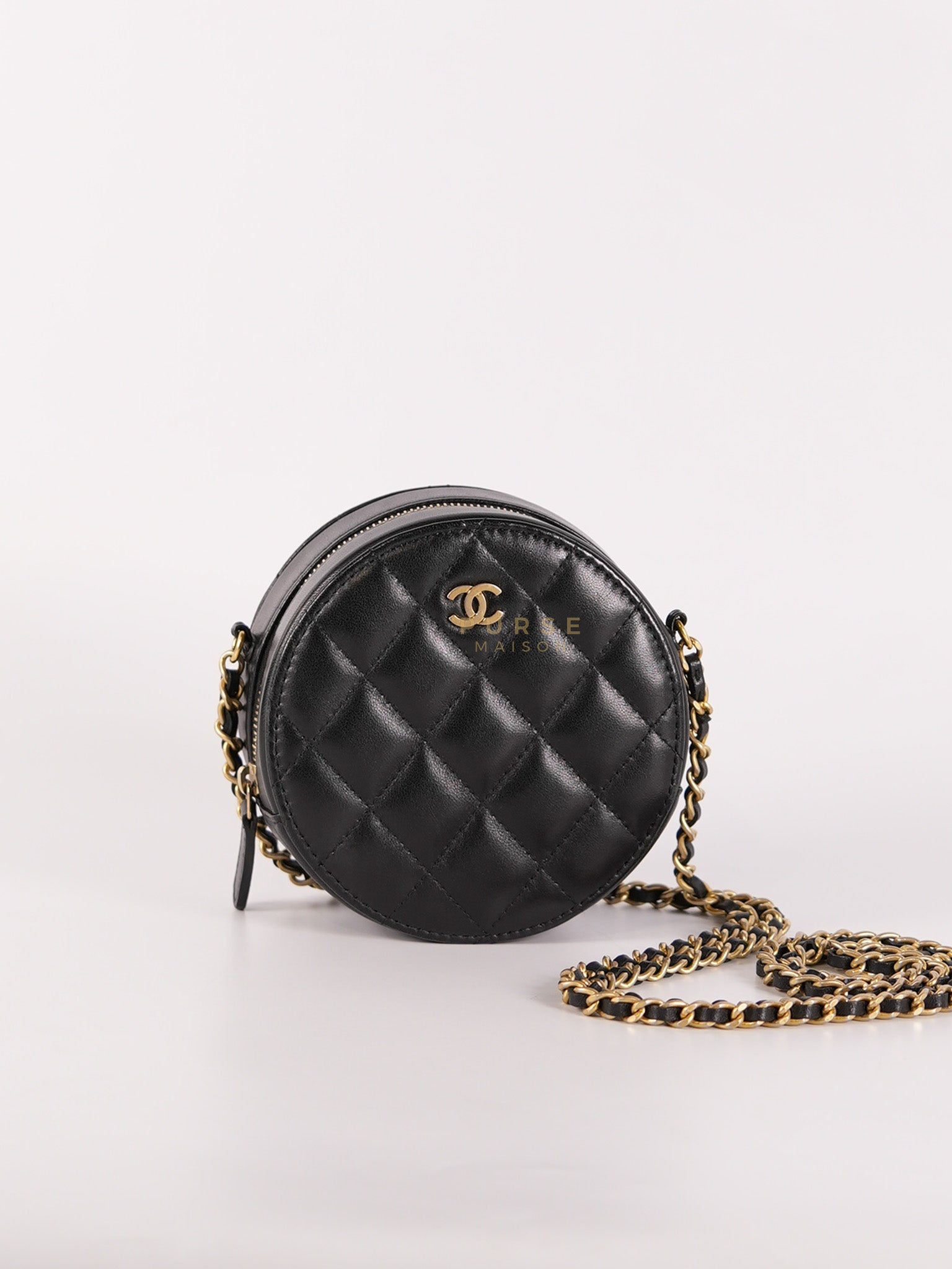 Mini Round Purse on Chain in Black Quilted Lambskin Leather and Aged Gold Hardware Series 27 | Purse Maison Luxury Bags Shop