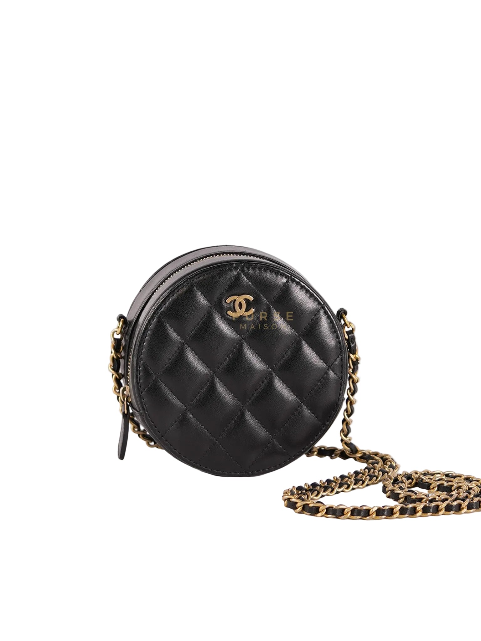 Mini Round Purse on Chain in Black Quilted Lambskin Leather and Aged Gold Hardware Series 27 | Purse Maison Luxury Bags Shop