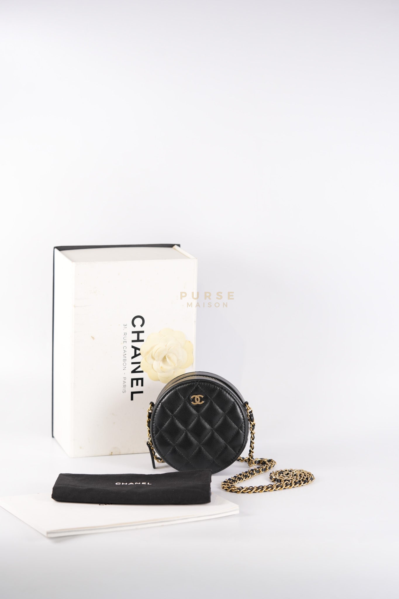 Mini Round Purse on Chain in Black Quilted Lambskin Leather and Aged Gold Hardware Series 27 | Purse Maison Luxury Bags Shop