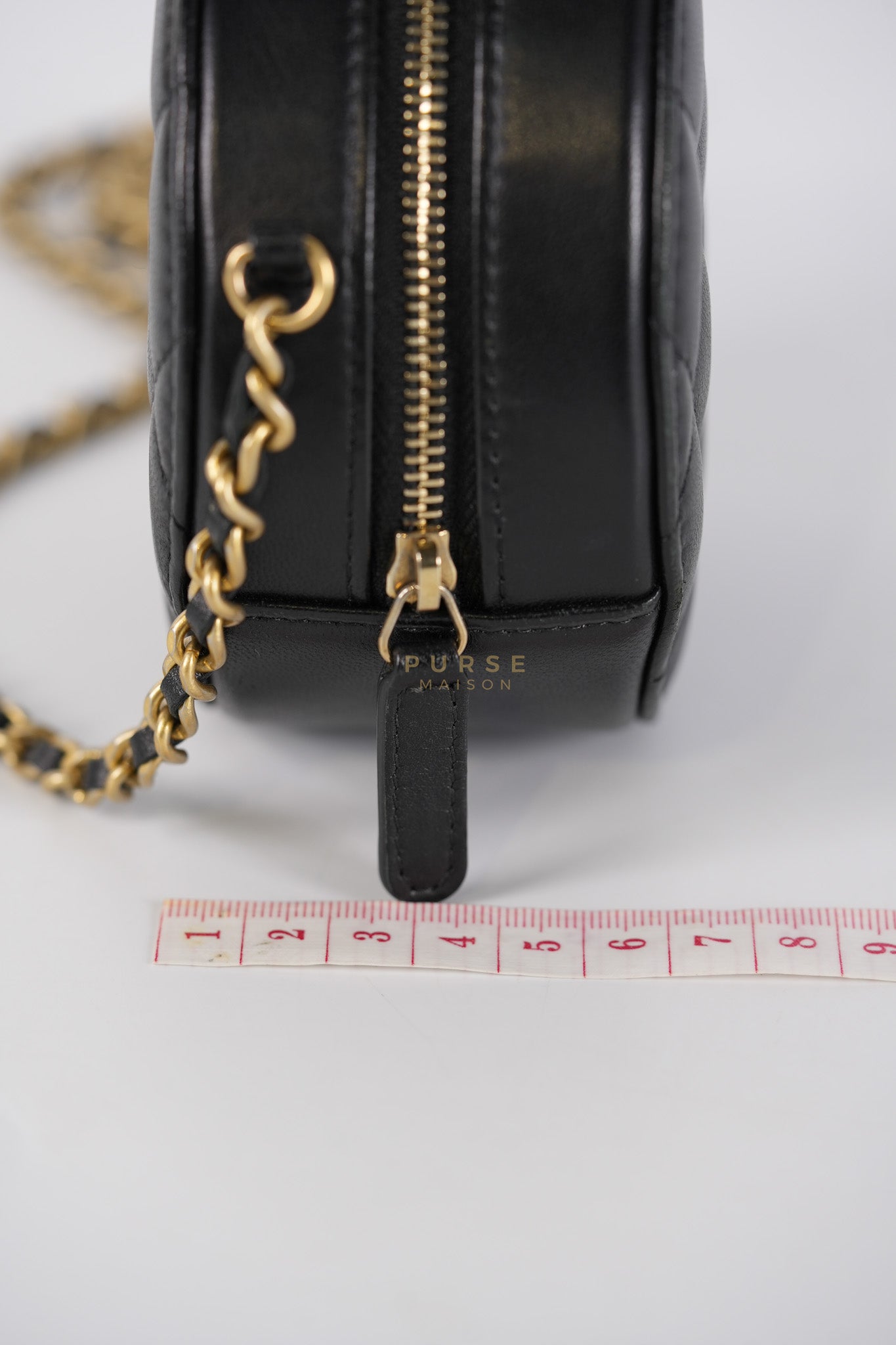 Mini Round Purse on Chain in Black Quilted Lambskin Leather and Aged Gold Hardware Series 27 | Purse Maison Luxury Bags Shop
