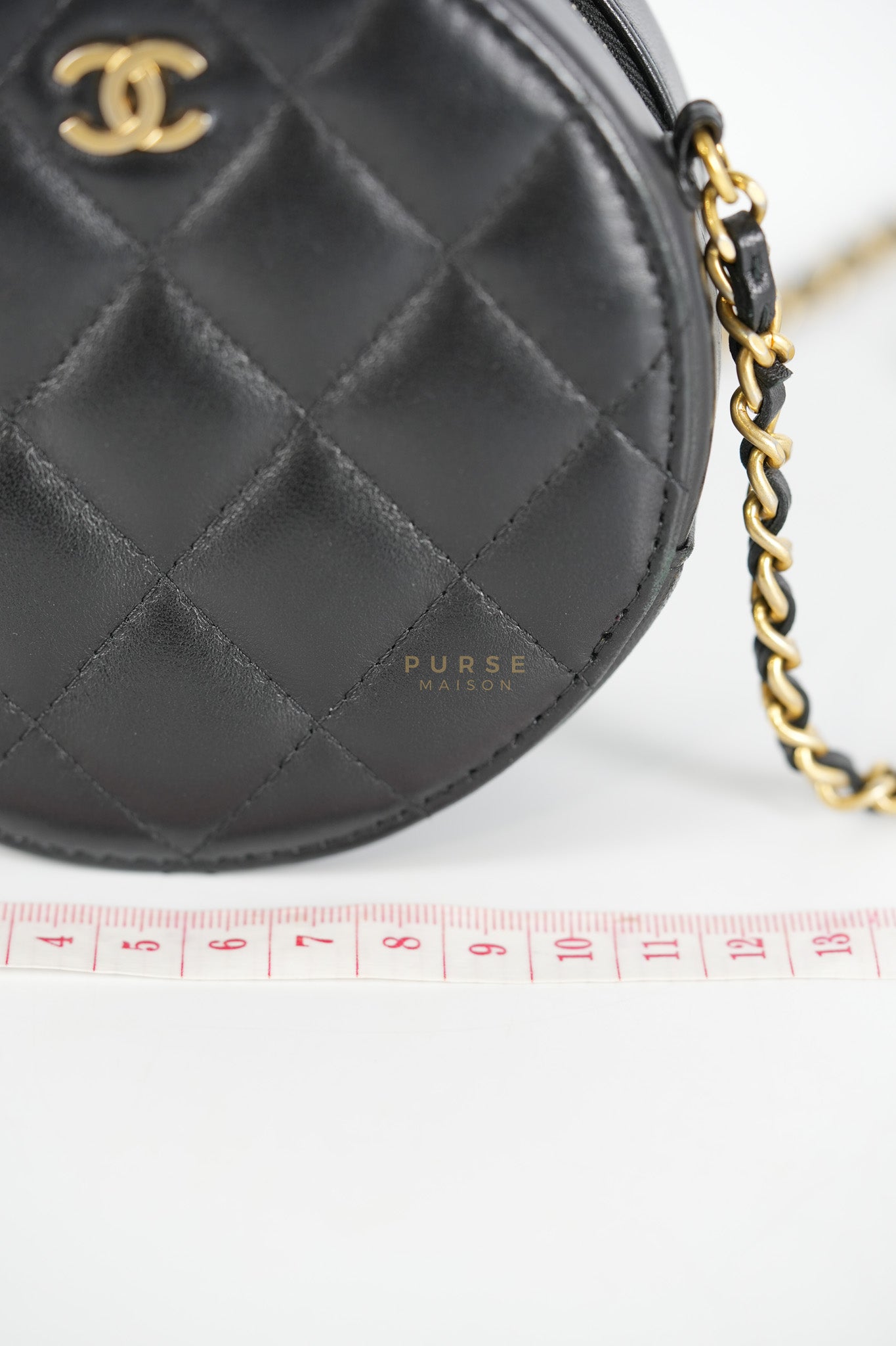 Mini Round Purse on Chain in Black Quilted Lambskin Leather and Aged Gold Hardware Series 27 | Purse Maison Luxury Bags Shop