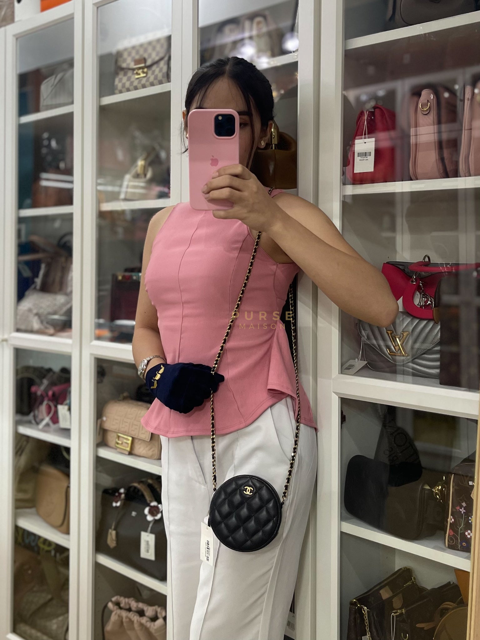 Mini Round Purse on Chain in Black Quilted Lambskin Leather and Aged Gold Hardware Series 27 | Purse Maison Luxury Bags Shop