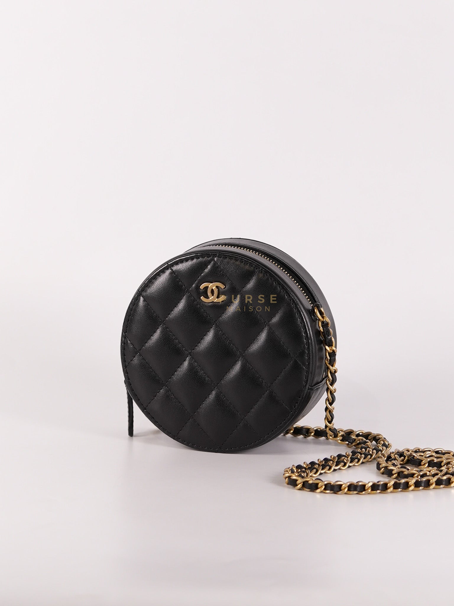 Mini Round Purse on Chain in Black Quilted Lambskin Leather and Aged Gold Hardware Series 27 | Purse Maison Luxury Bags Shop
