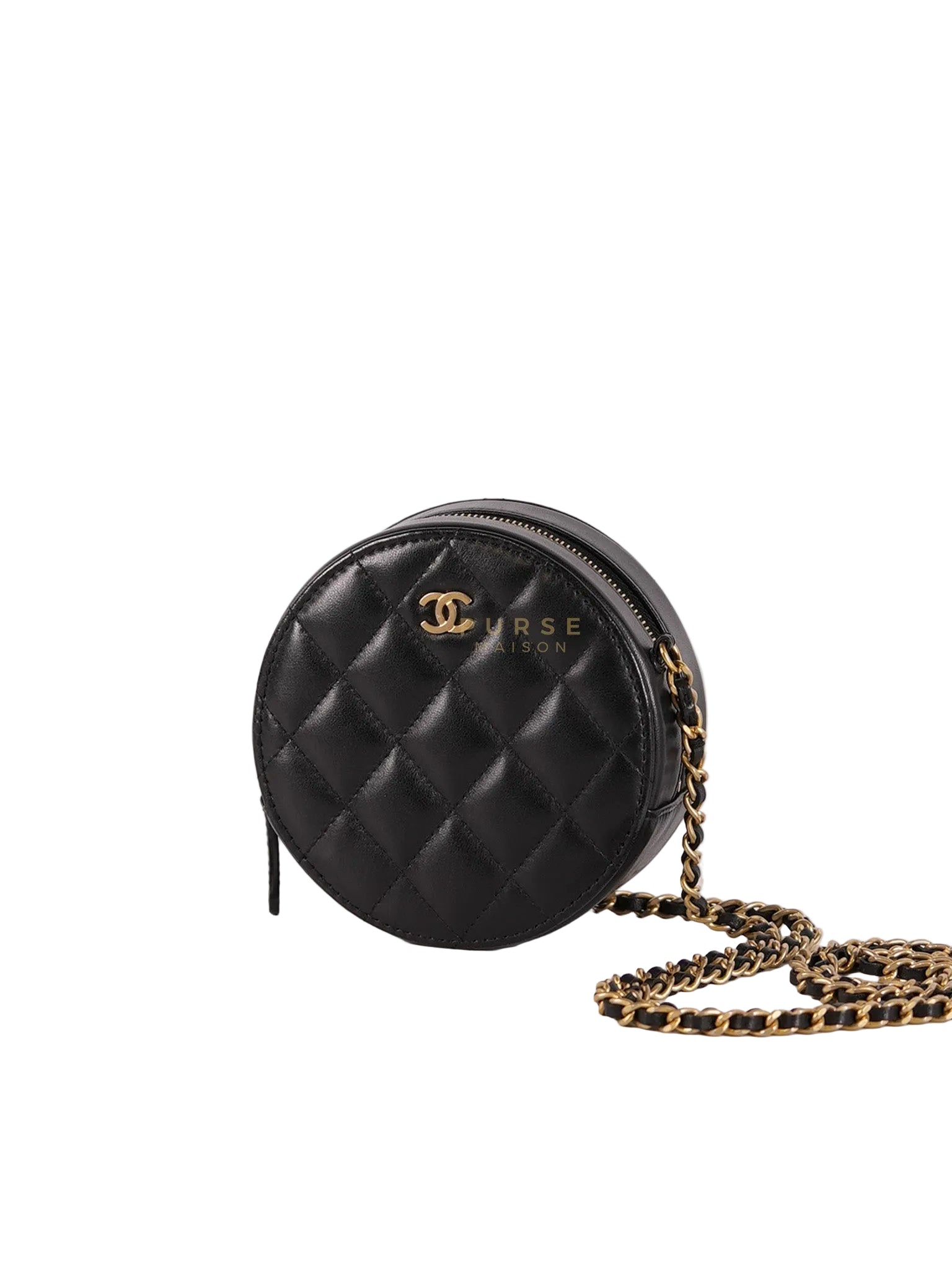Mini Round Purse on Chain in Black Quilted Lambskin Leather and Aged Gold Hardware Series 27 | Purse Maison Luxury Bags Shop