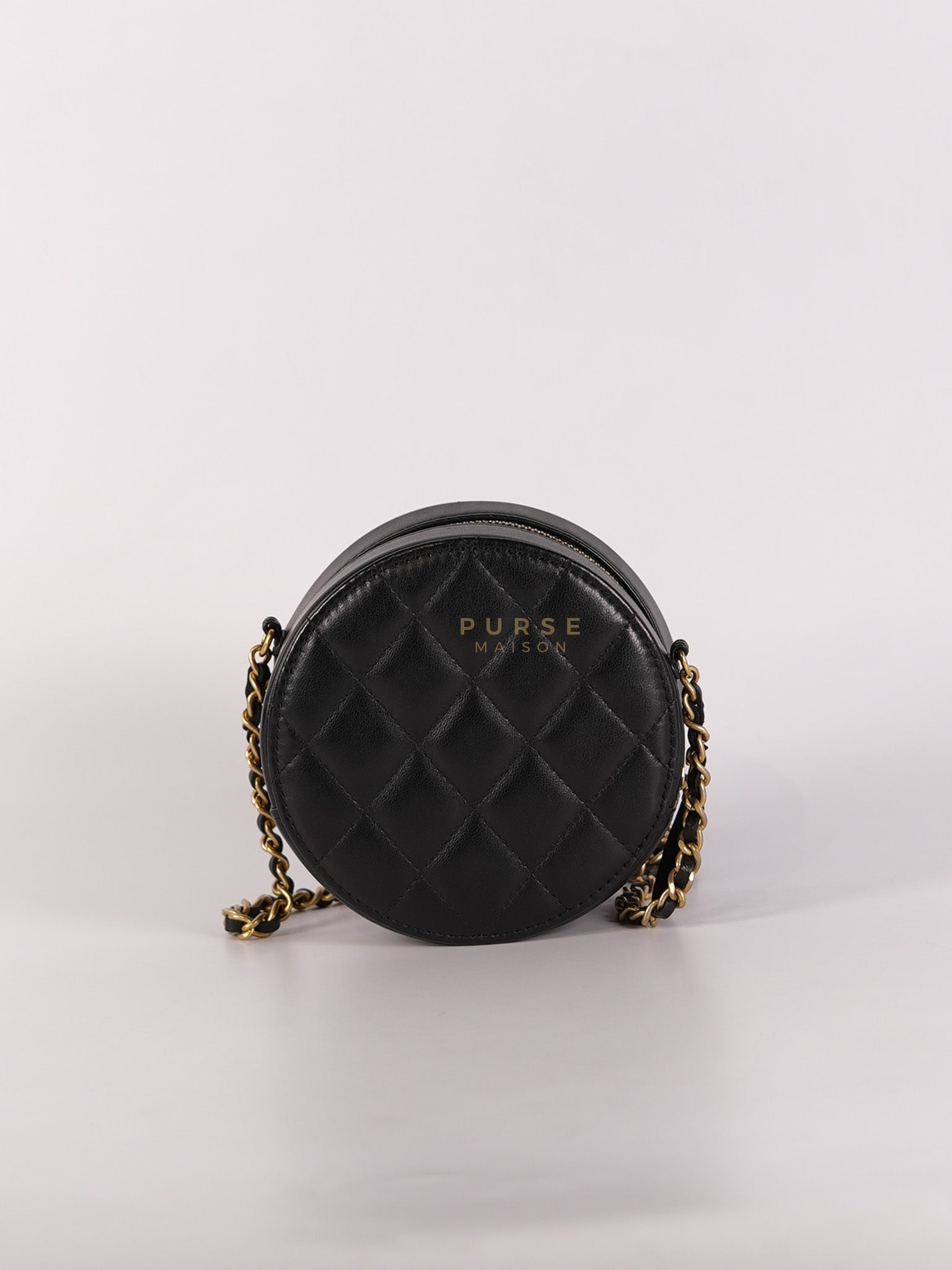 Mini Round Purse on Chain in Black Quilted Lambskin Leather and Aged Gold Hardware Series 27 | Purse Maison Luxury Bags Shop