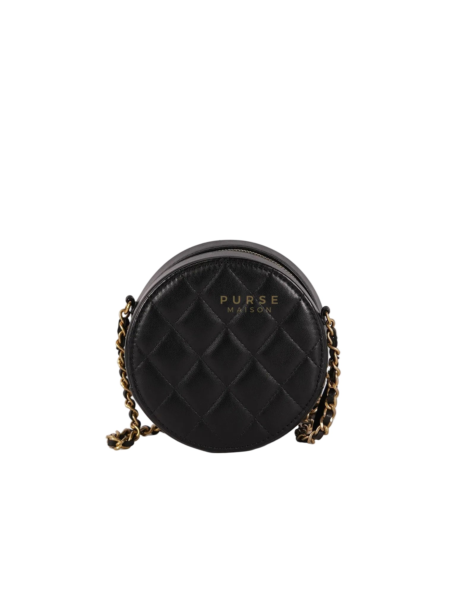 Mini Round Purse on Chain in Black Quilted Lambskin Leather and Aged Gold Hardware Series 27 | Purse Maison Luxury Bags Shop