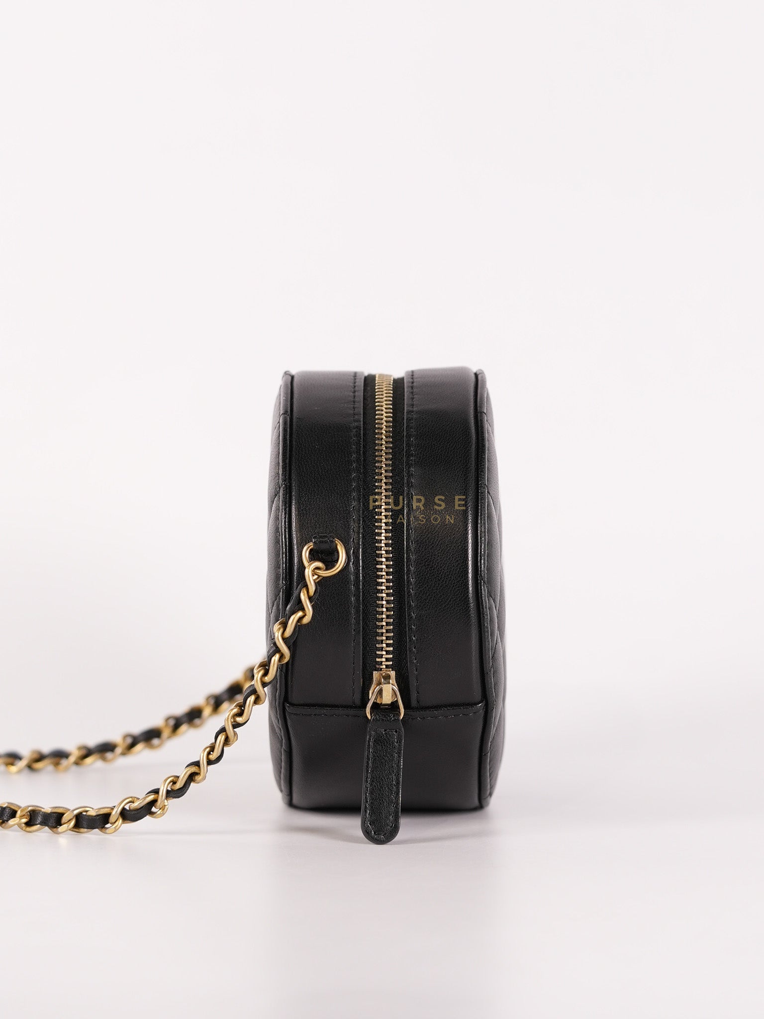 Mini Round Purse on Chain in Black Quilted Lambskin Leather and Aged Gold Hardware Series 27 | Purse Maison Luxury Bags Shop