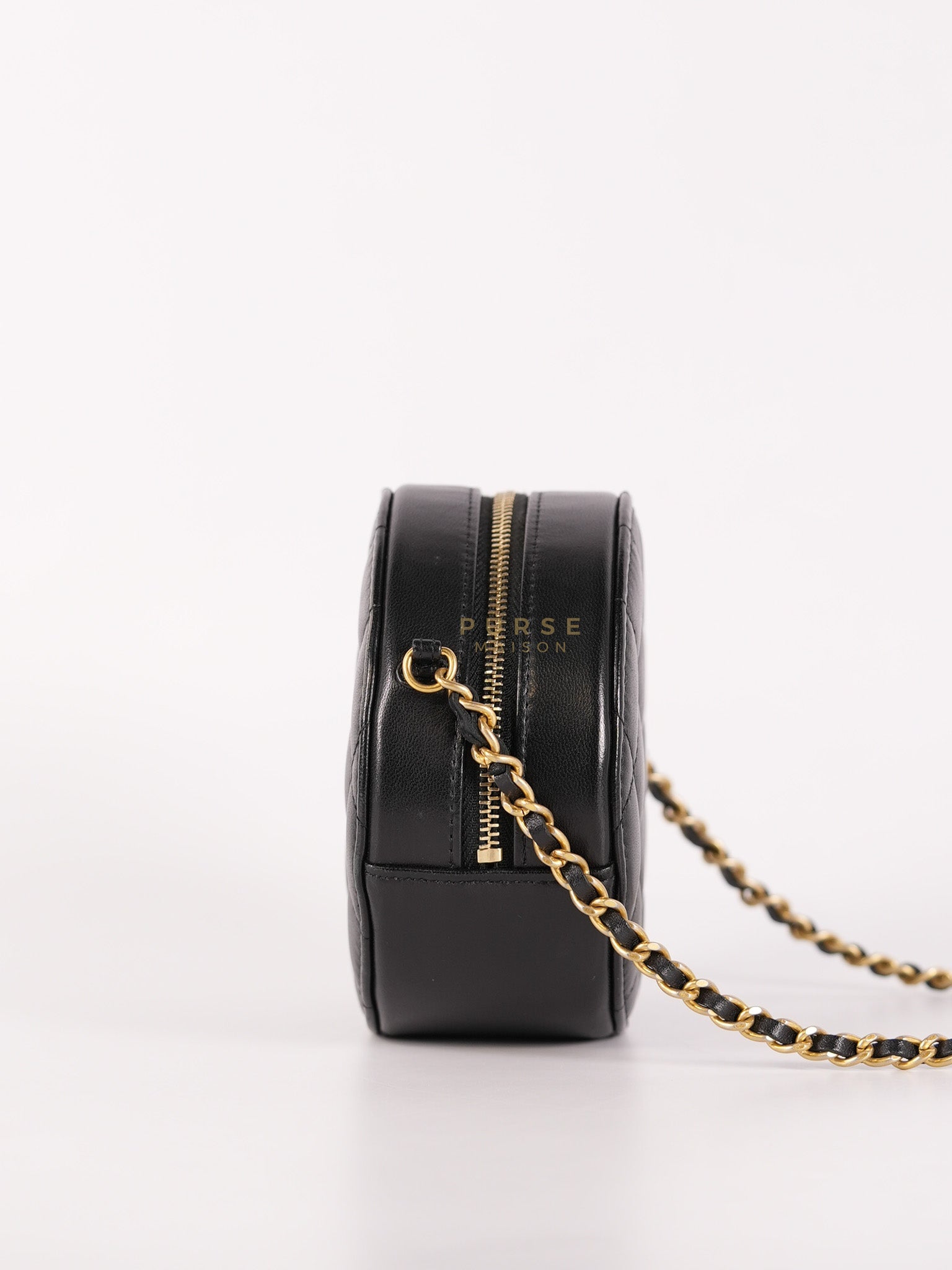 Mini Round Purse on Chain in Black Quilted Lambskin Leather and Aged Gold Hardware Series 27 | Purse Maison Luxury Bags Shop