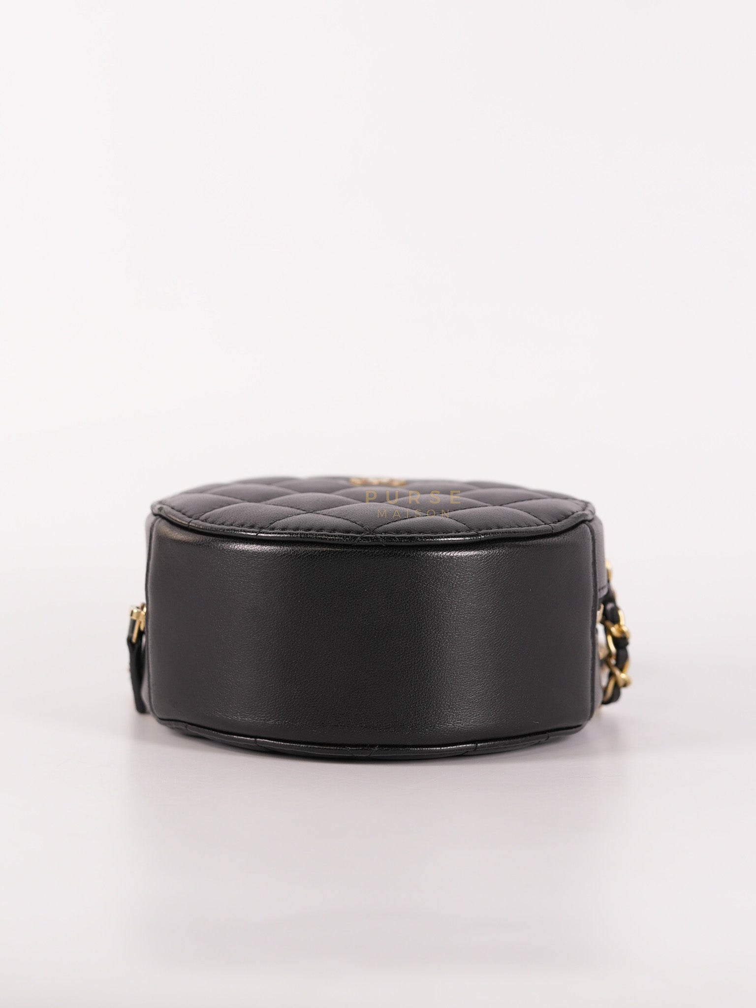 Mini Round Purse on Chain in Black Quilted Lambskin Leather and Aged Gold Hardware Series 27 | Purse Maison Luxury Bags Shop