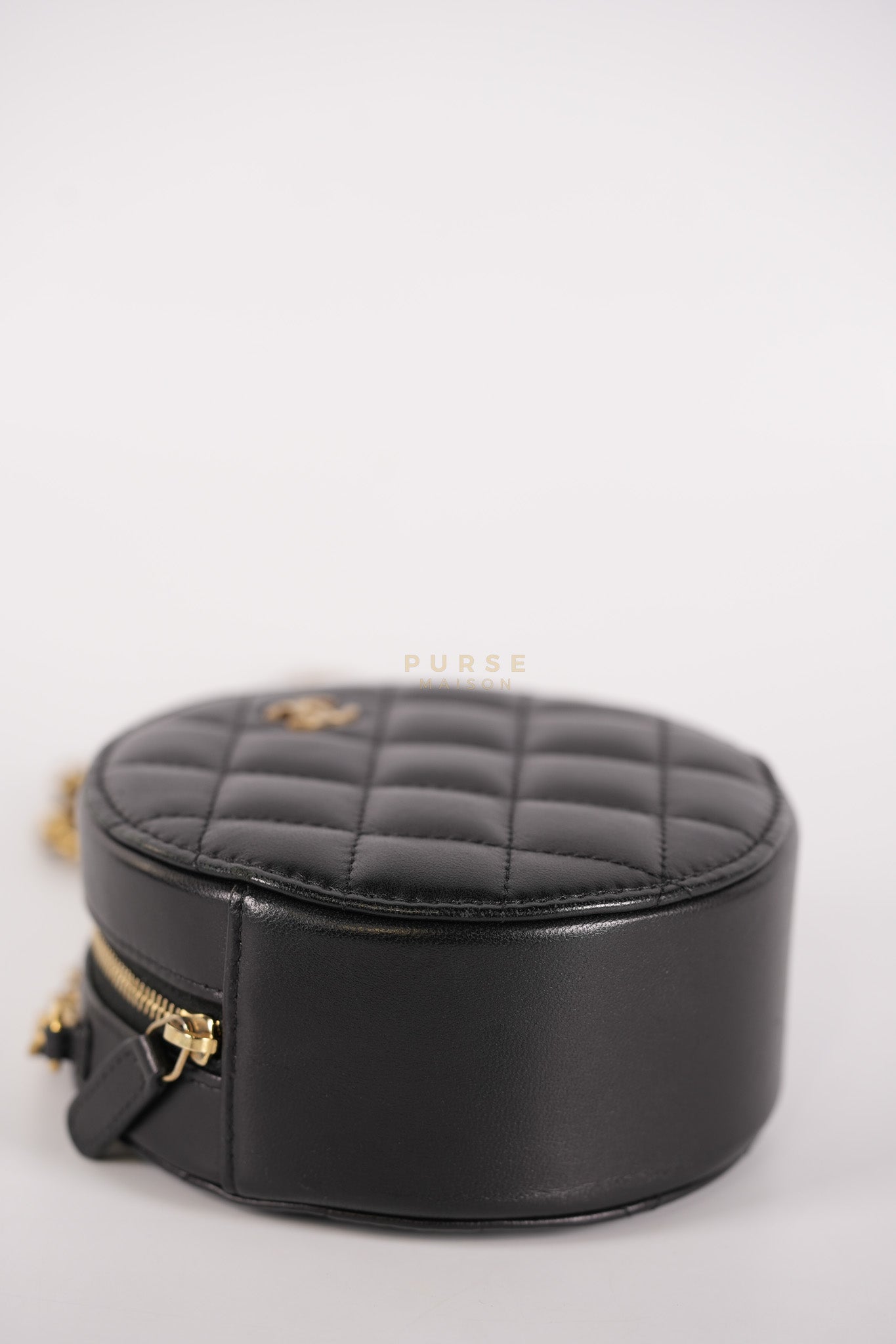 Mini Round Purse on Chain in Black Quilted Lambskin Leather and Aged Gold Hardware Series 27 | Purse Maison Luxury Bags Shop