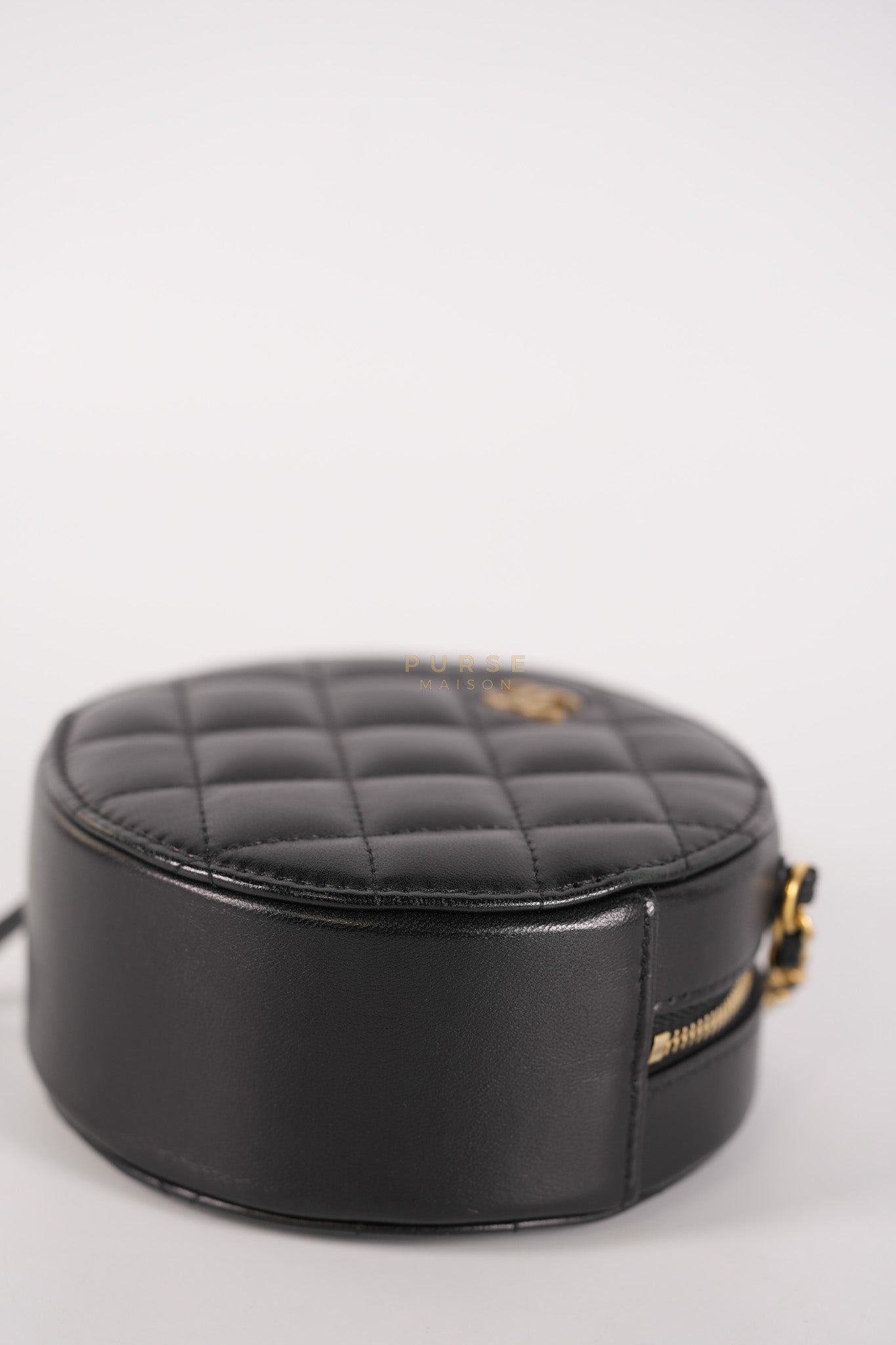Mini Round Purse on Chain in Black Quilted Lambskin Leather and Aged Gold Hardware Series 27 | Purse Maison Luxury Bags Shop
