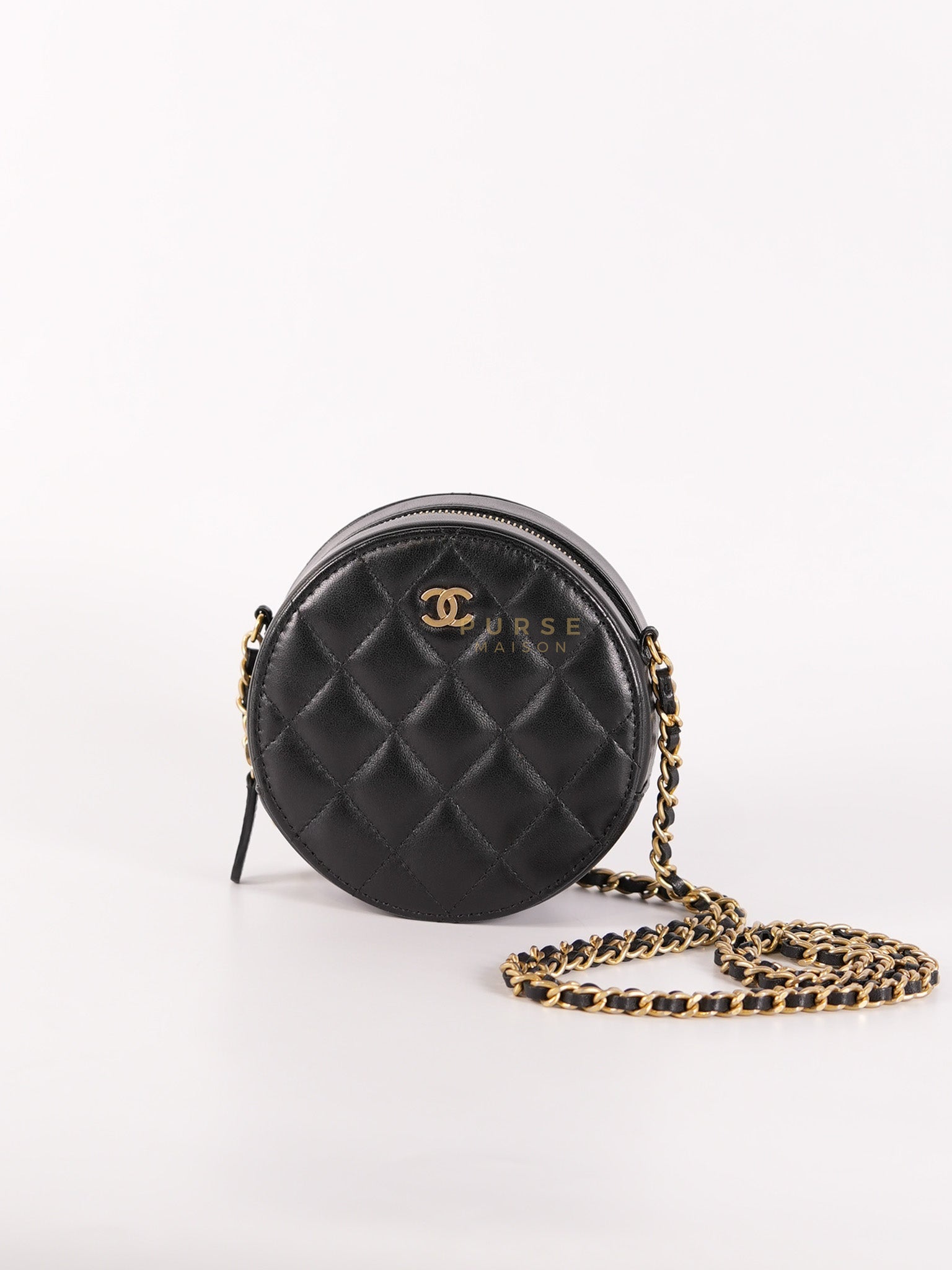 Mini Round Purse on Chain in Black Quilted Lambskin Leather and Aged Gold Hardware Series 27 | Purse Maison Luxury Bags Shop
