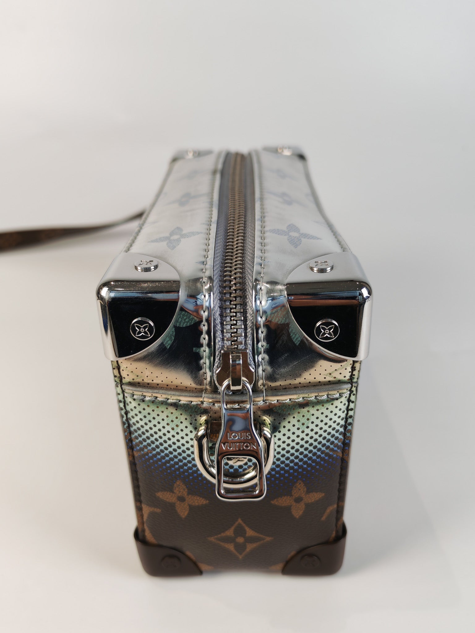 Mini Soft Trunk in Metallic Nebula Monogram & Silver Hardware Microchip | Purse Maison Luxury Bags Shop