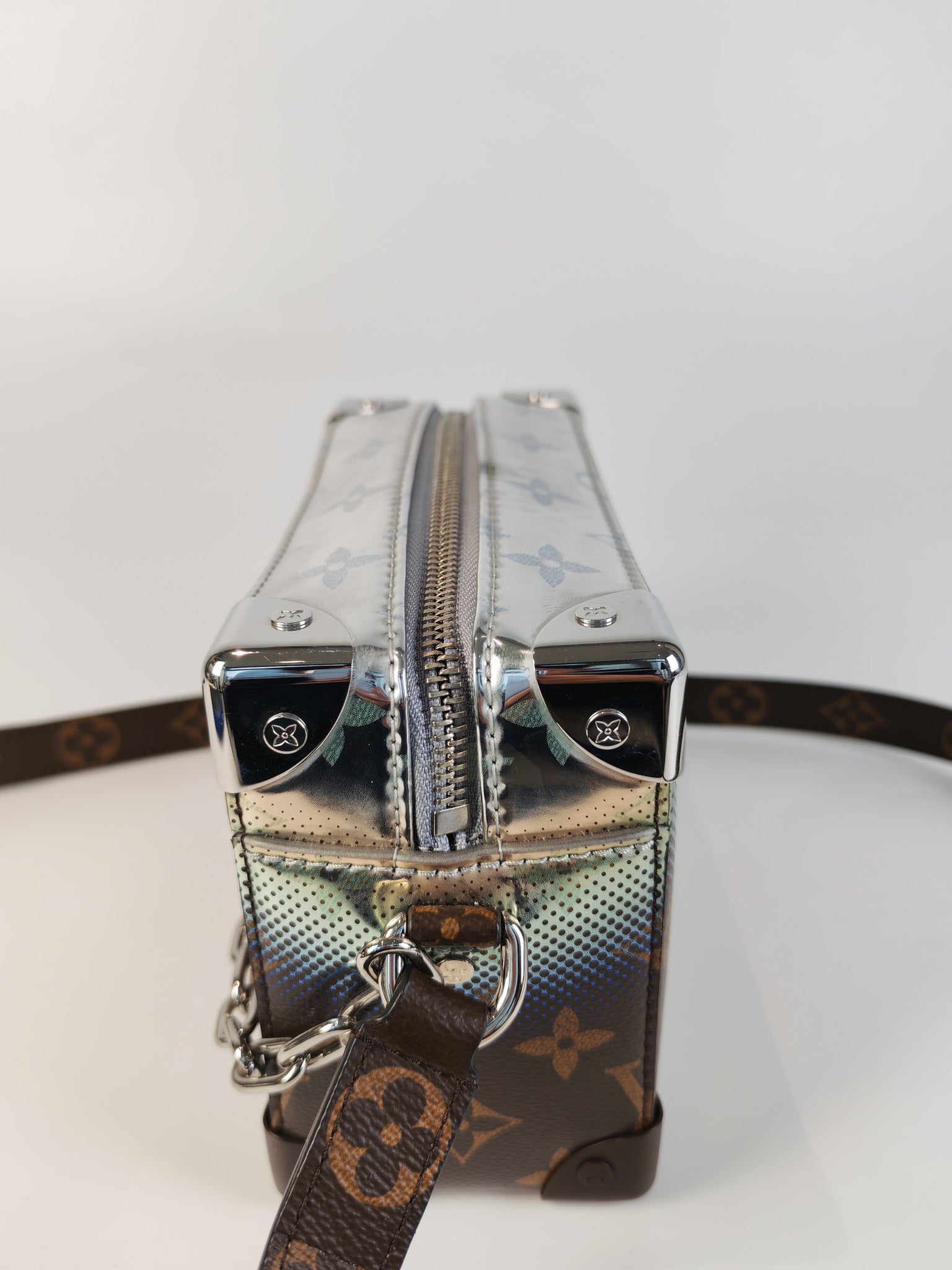 Mini Soft Trunk in Metallic Nebula Monogram & Silver Hardware Microchip | Purse Maison Luxury Bags Shop