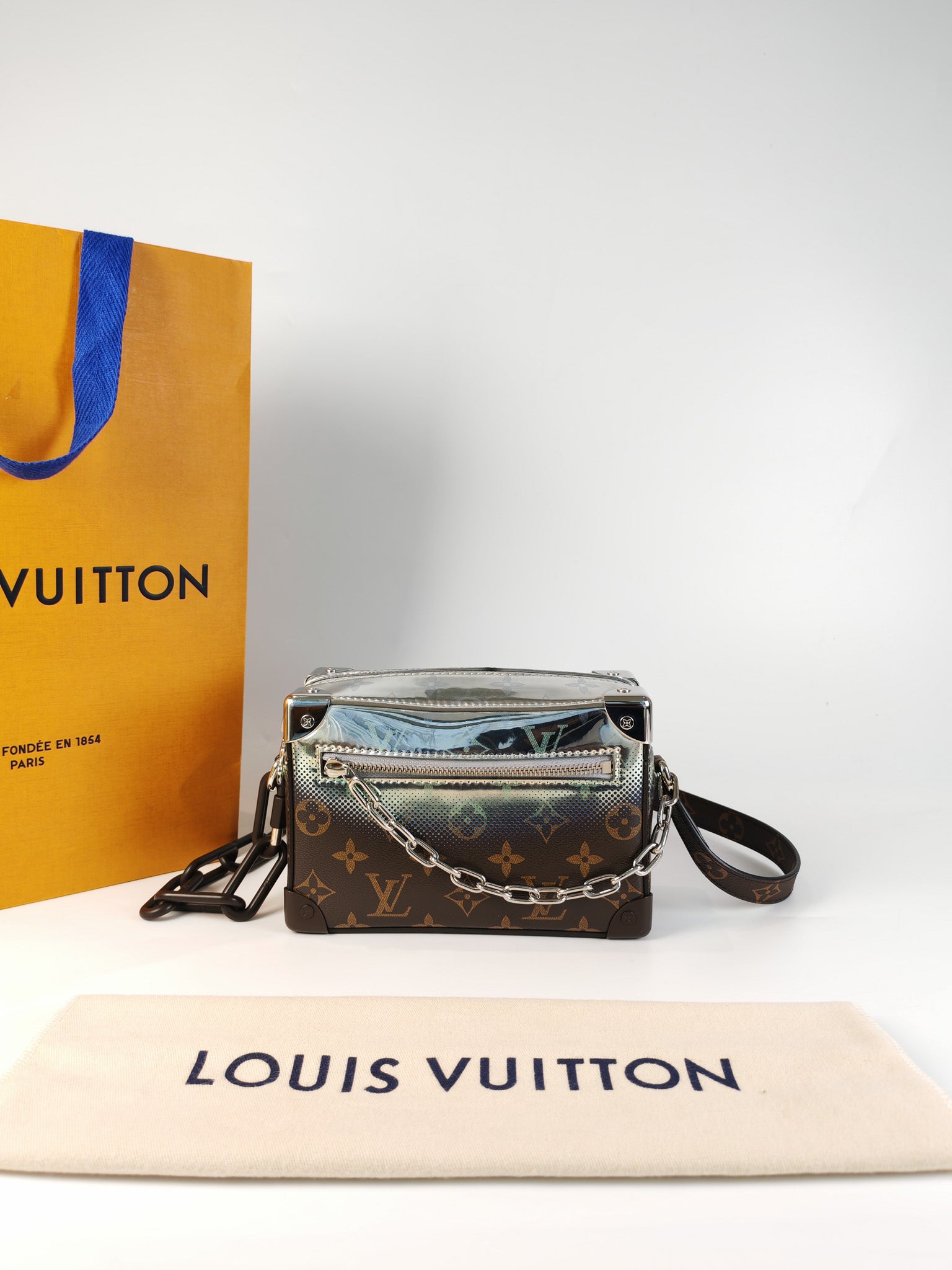 Mini Soft Trunk in Metallic Nebula Monogram & Silver Hardware Microchip | Purse Maison Luxury Bags Shop