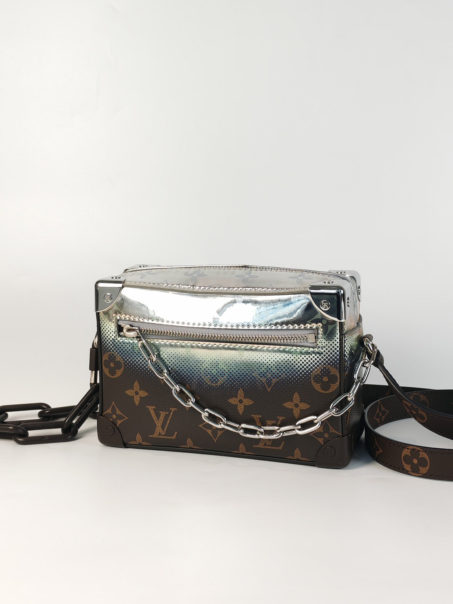 Mini Soft Trunk in Metallic Nebula Monogram & Silver Hardware Microchip | Purse Maison Luxury Bags Shop