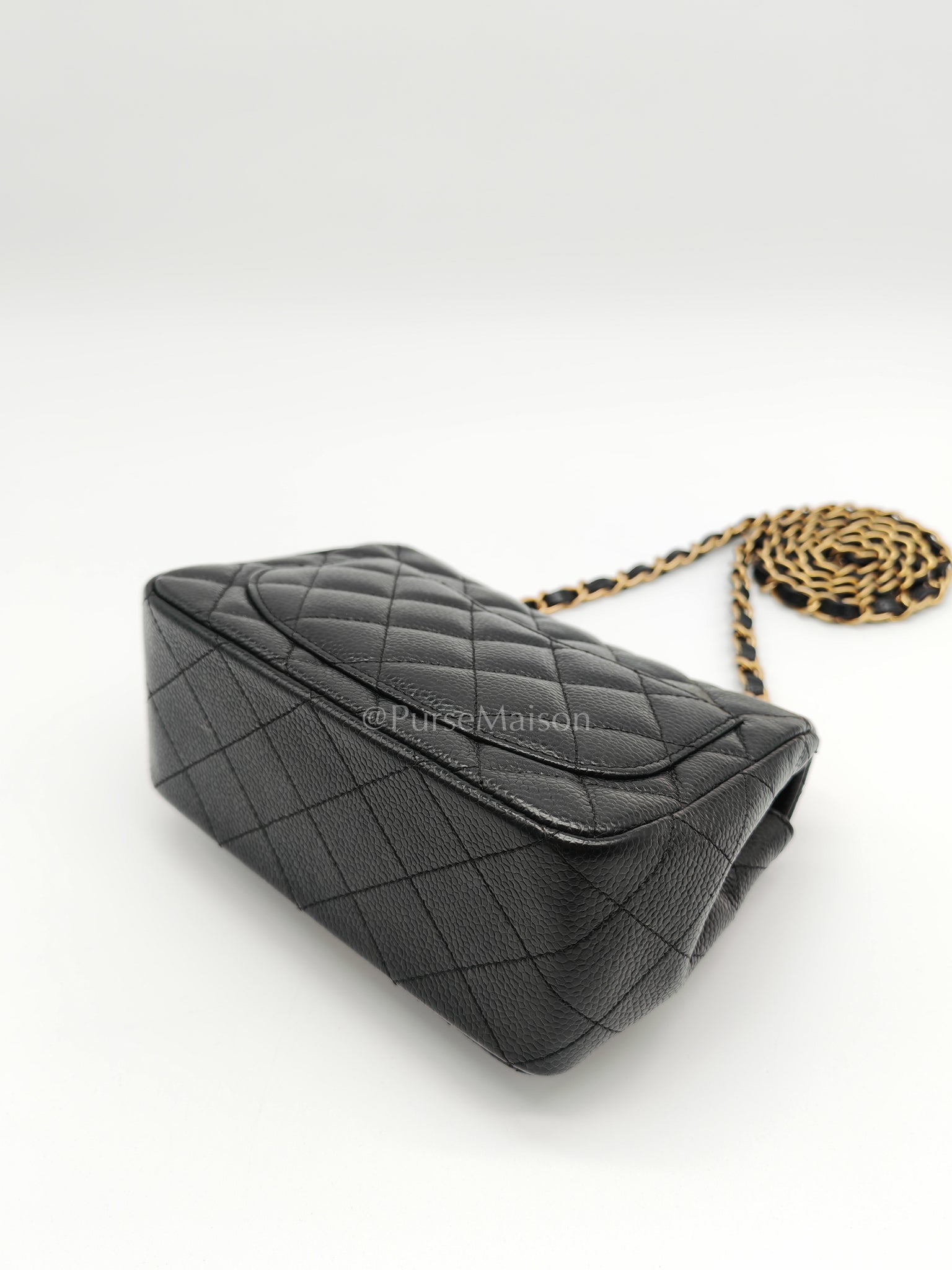 Mini Square Black in Quilted Caviar Leather and Aged Gold Hardware Series 21 | Purse Maison Luxury Bags Shop
