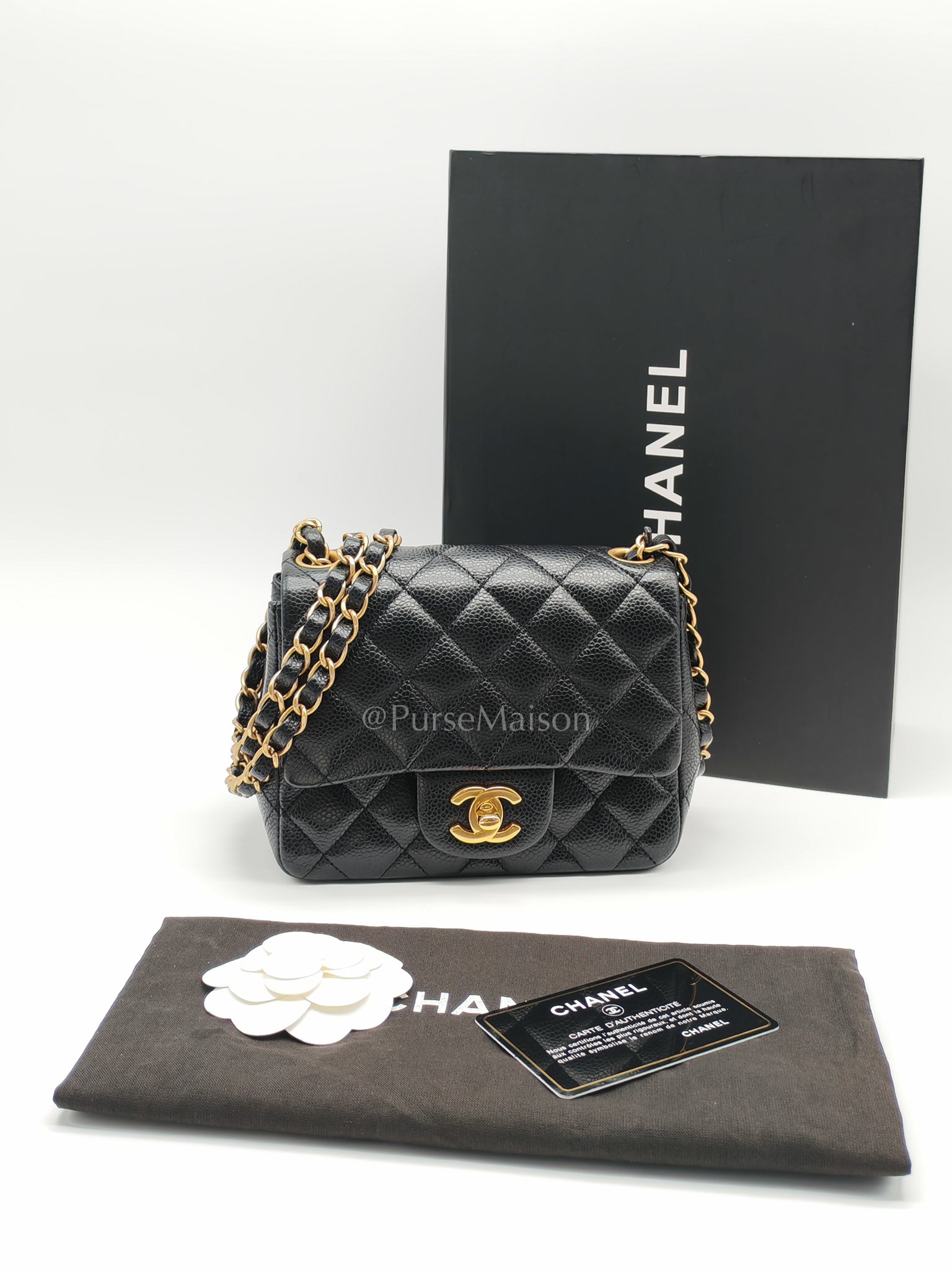 Mini Square Black in Quilted Caviar Leather and Aged Gold Hardware Series 21 | Purse Maison Luxury Bags Shop