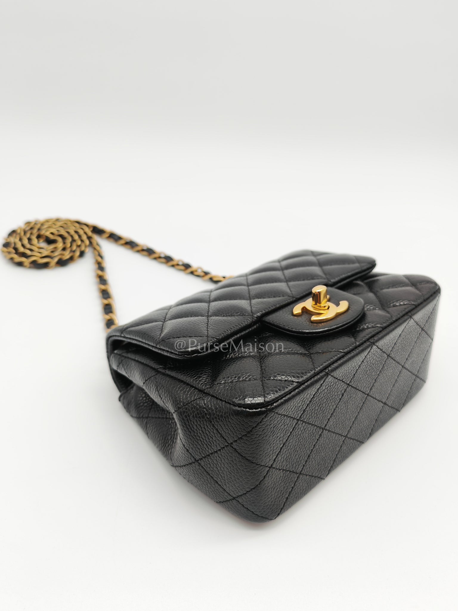 Mini Square Black in Quilted Caviar Leather and Aged Gold Hardware Series 21 | Purse Maison Luxury Bags Shop