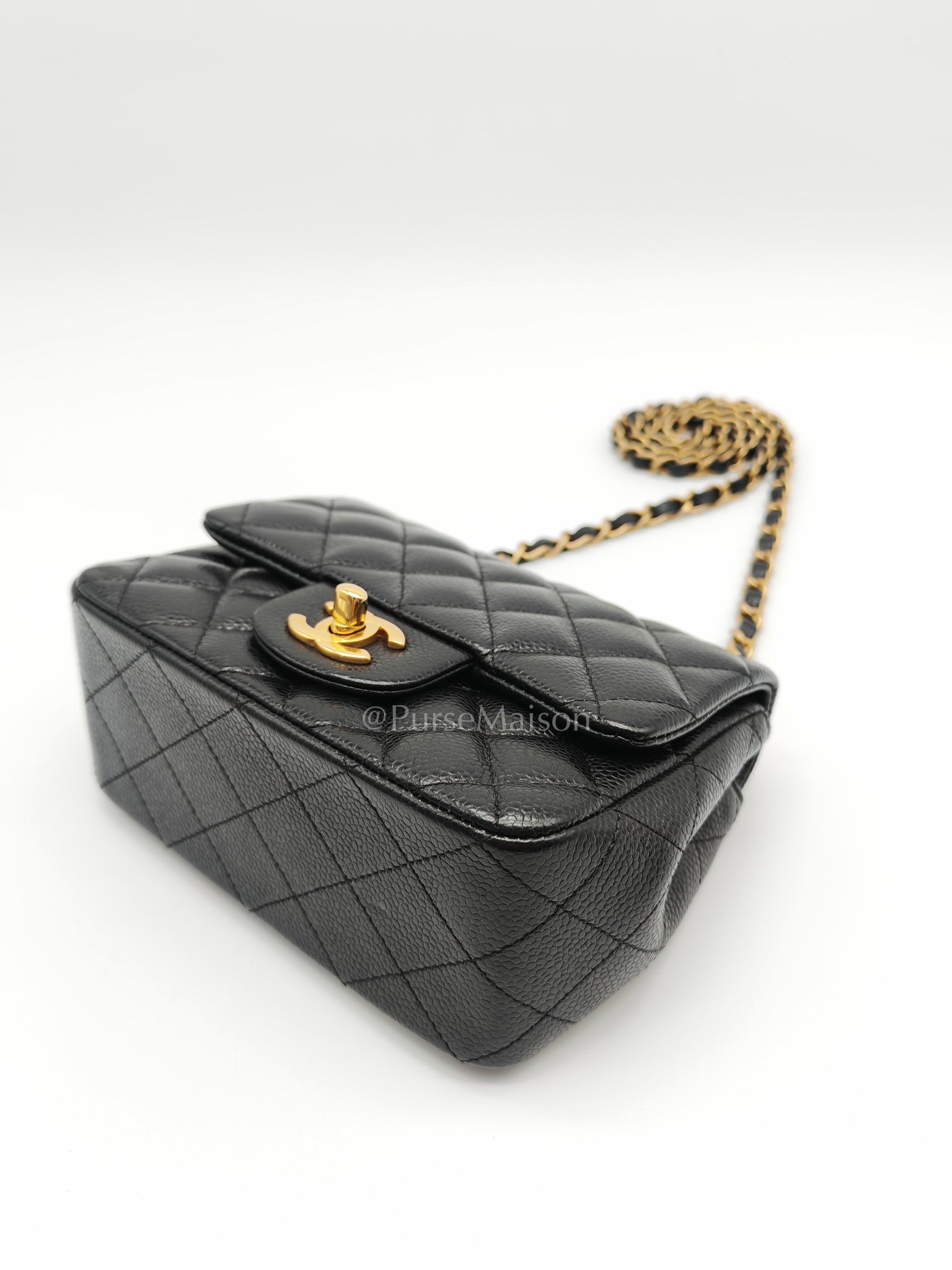Mini Square Black in Quilted Caviar Leather and Aged Gold Hardware Series 21 | Purse Maison Luxury Bags Shop