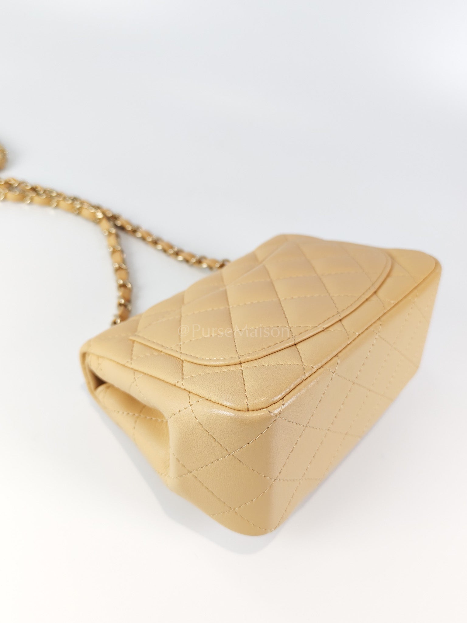Mini Square in Beige Lambskin Leather and Light Gold Hardware(Microchip) | Purse Maison Luxury Bags Shop