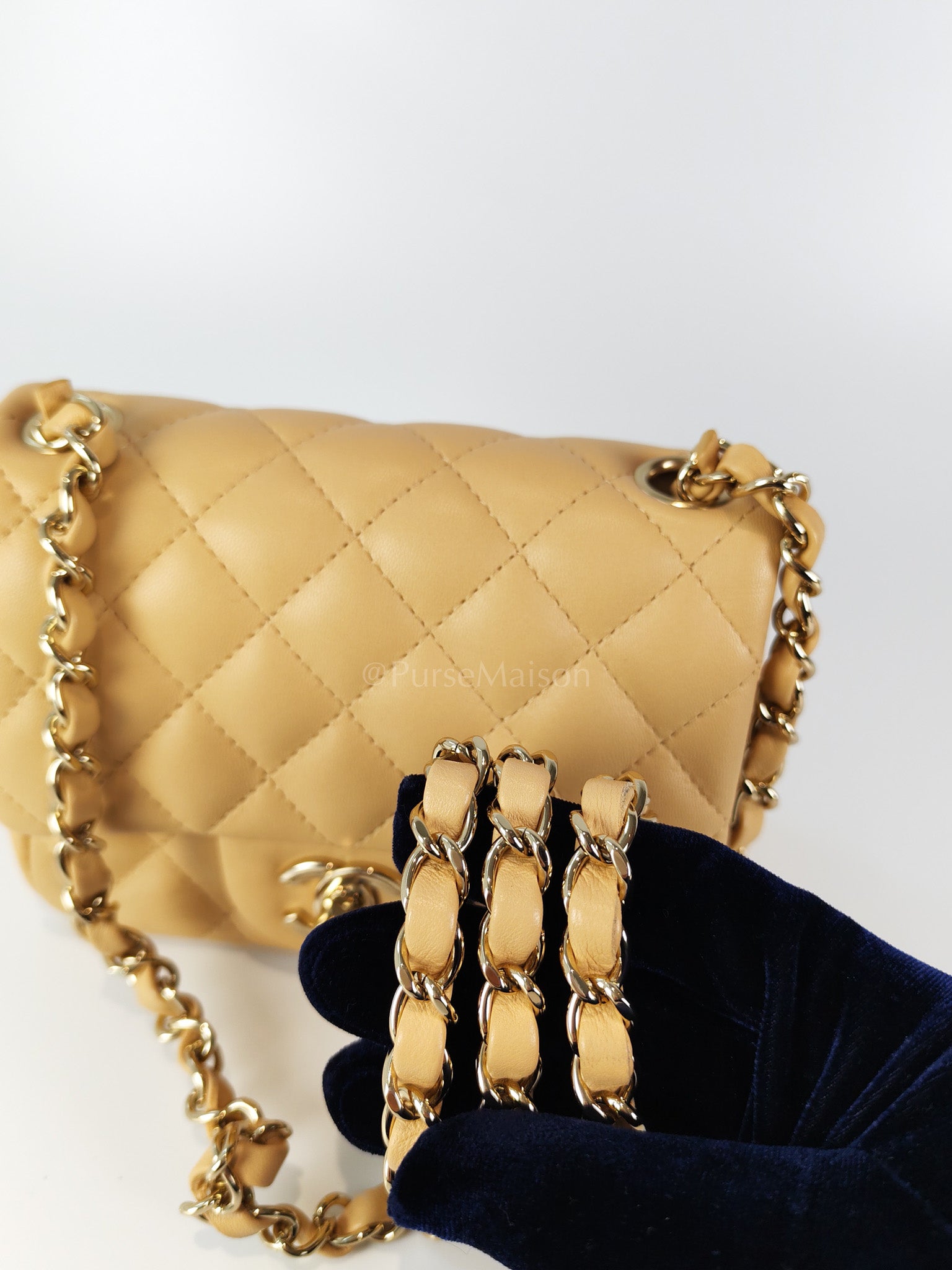 Mini Square in Beige Lambskin Leather and Light Gold Hardware(Microchip) | Purse Maison Luxury Bags Shop