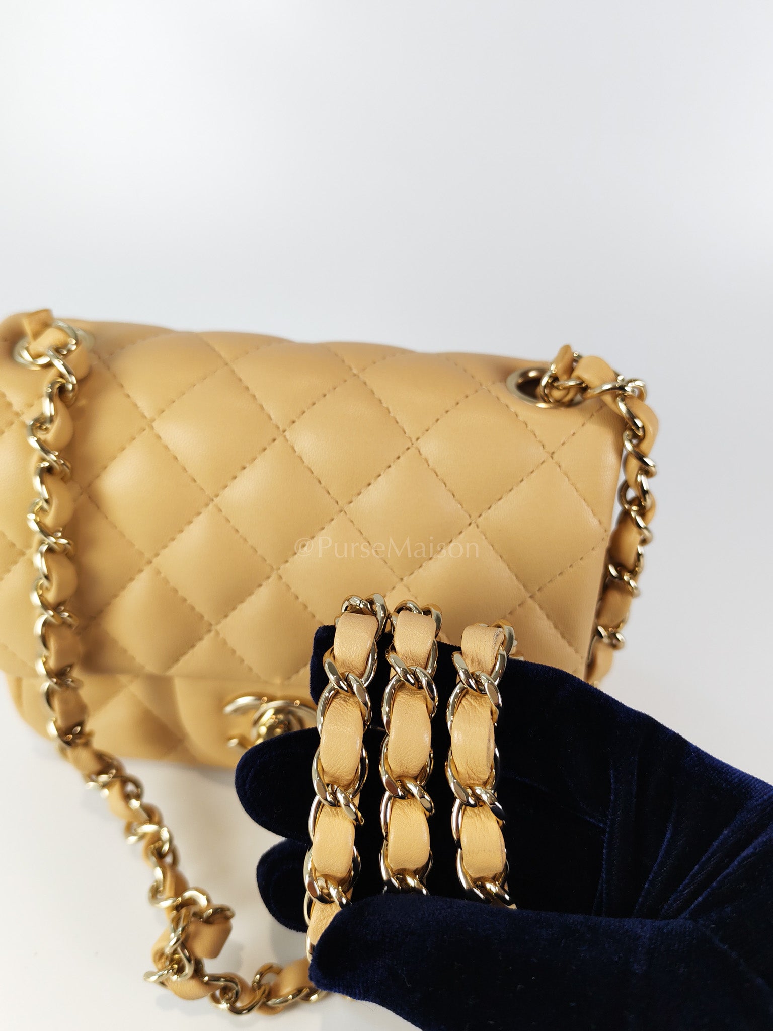 Mini Square in Beige Lambskin Leather and Light Gold Hardware(Microchip) | Purse Maison Luxury Bags Shop