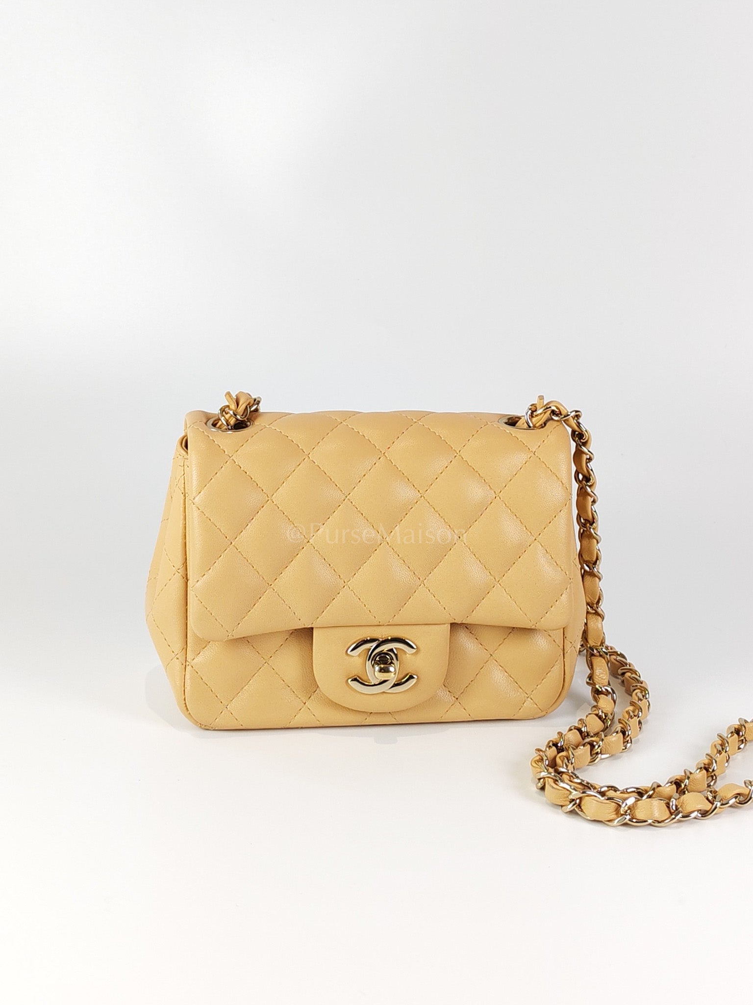 Mini Square in Beige Lambskin Leather and Light Gold Hardware(Microchip) | Purse Maison Luxury Bags Shop