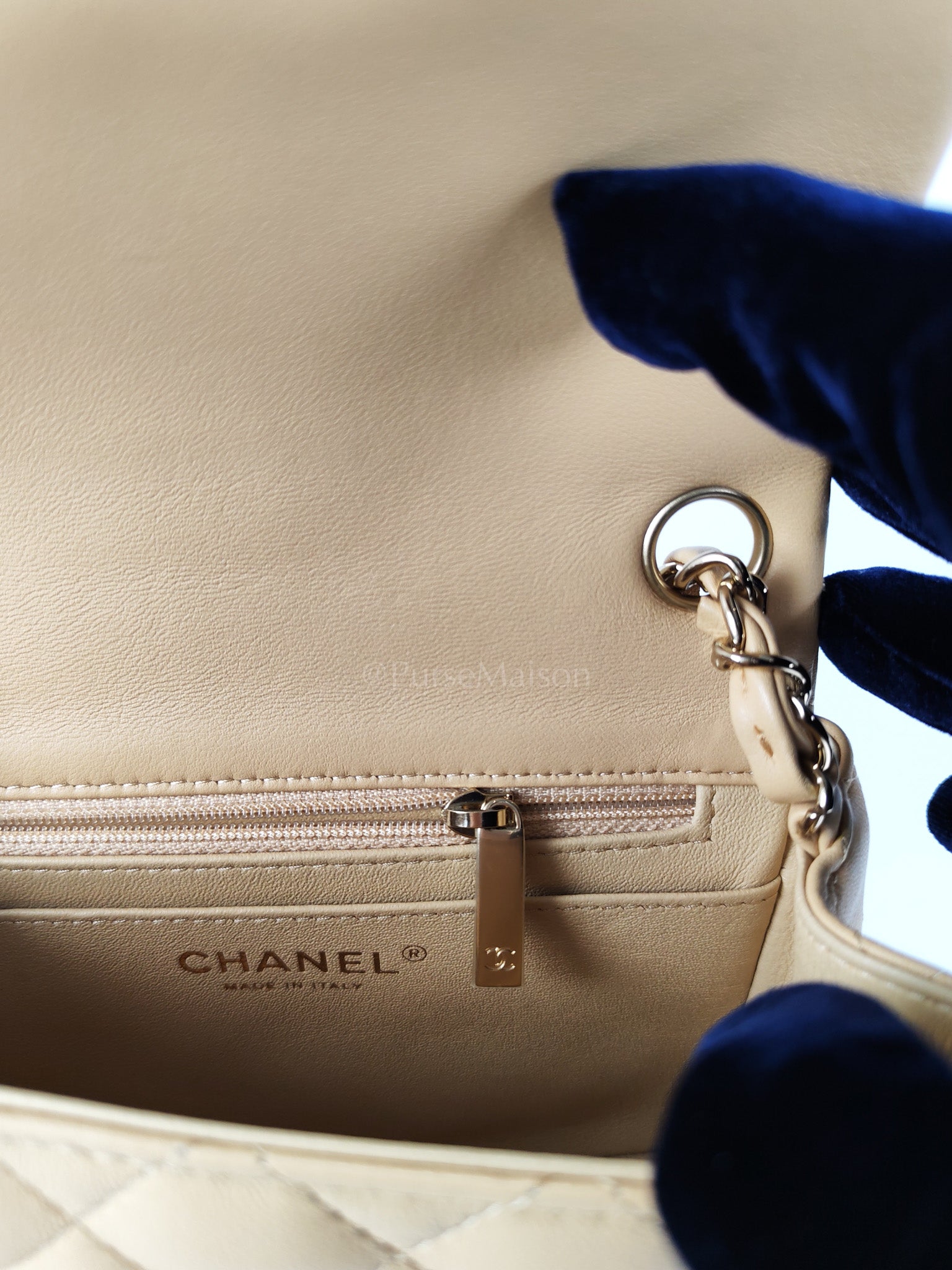 Mini Square in Beige Lambskin Leather and Light Gold Hardware(Microchip) | Purse Maison Luxury Bags Shop