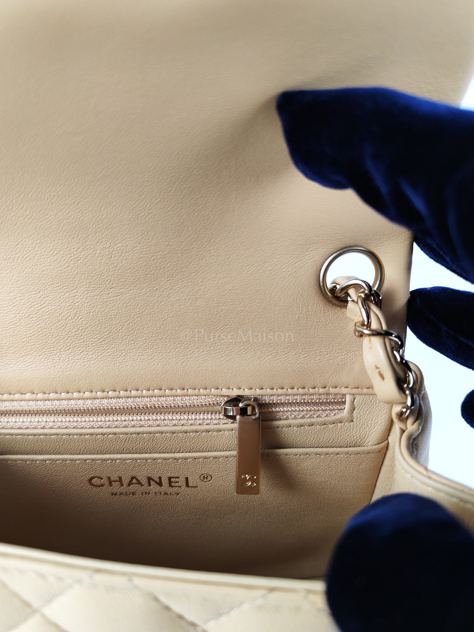 Mini Square in Beige Lambskin Leather and Light Gold Hardware(Microchip) | Purse Maison Luxury Bags Shop