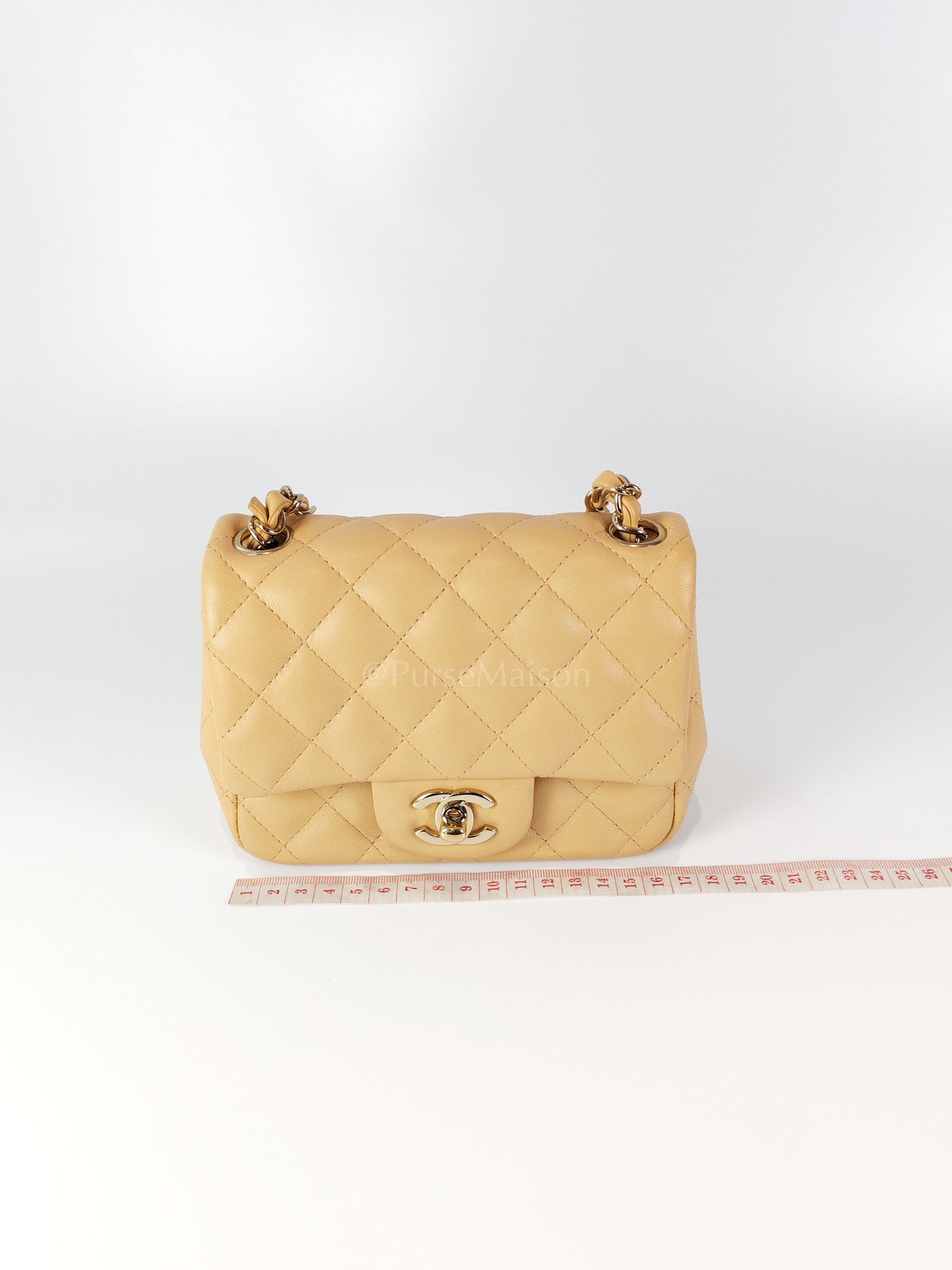 Mini Square in Beige Lambskin Leather and Light Gold Hardware(Microchip) | Purse Maison Luxury Bags Shop