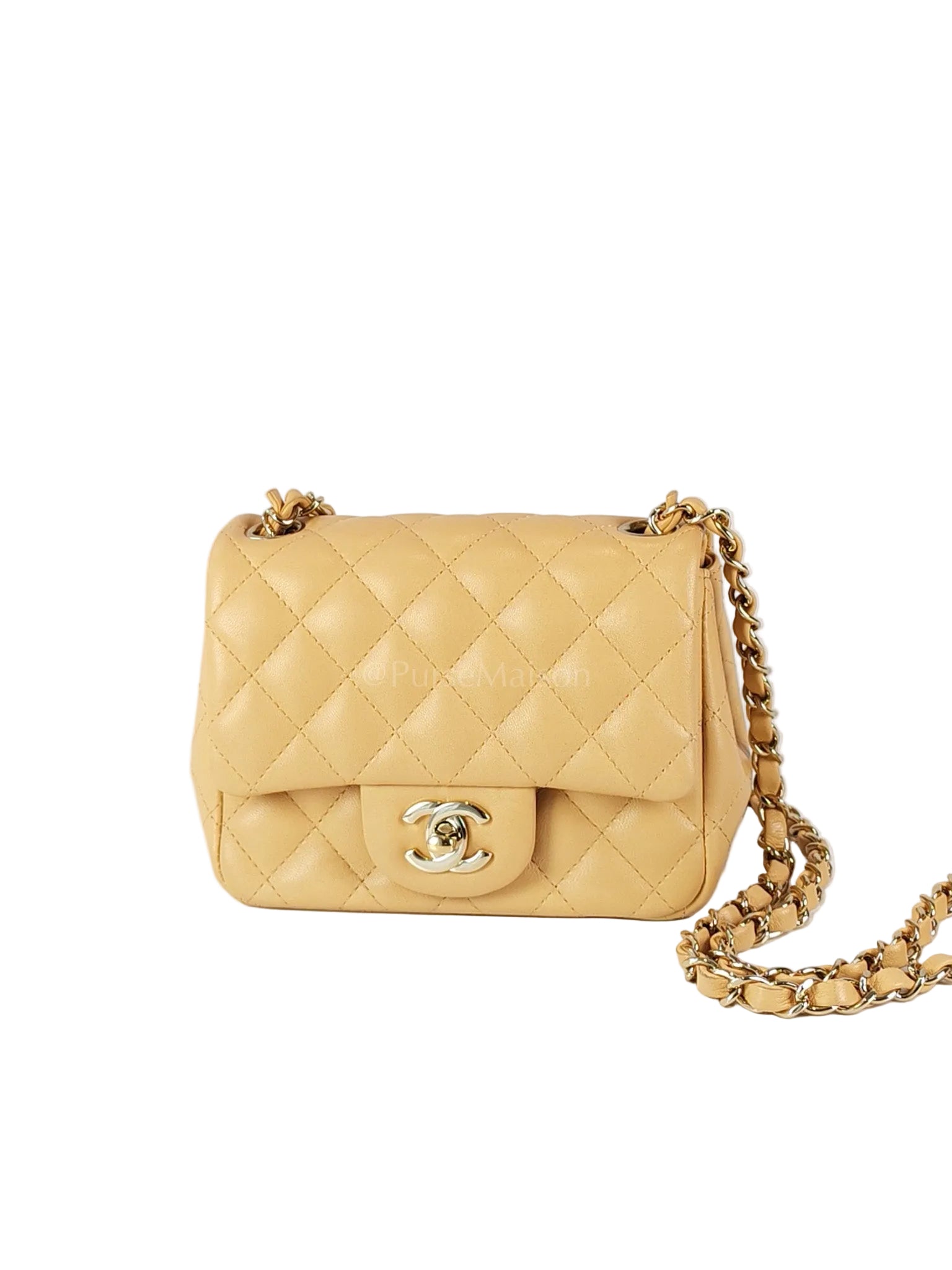 Mini Square in Beige Lambskin Leather and Light Gold Hardware(Microchip) | Purse Maison Luxury Bags Shop