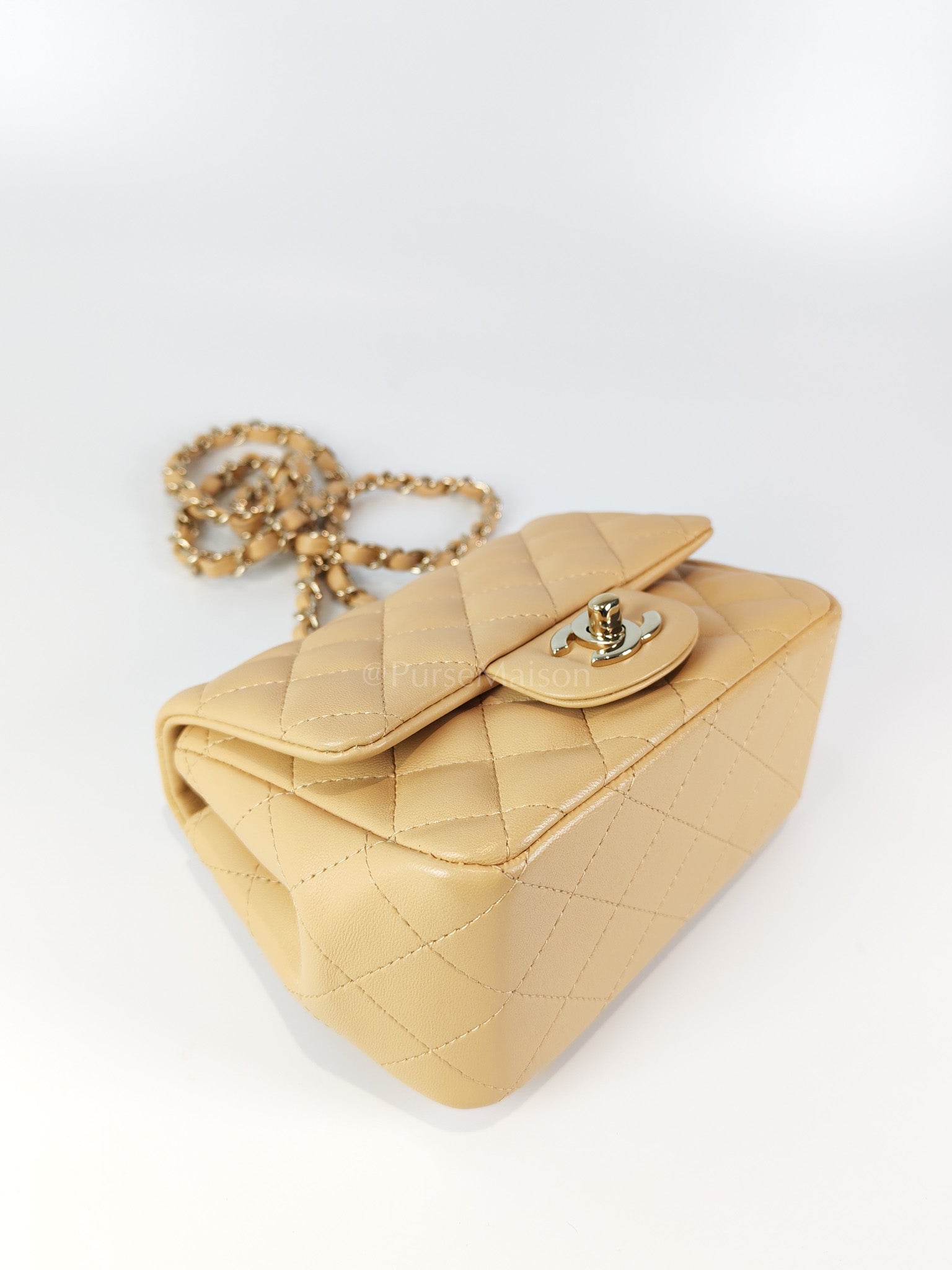 Mini Square in Beige Lambskin Leather and Light Gold Hardware(Microchip) | Purse Maison Luxury Bags Shop